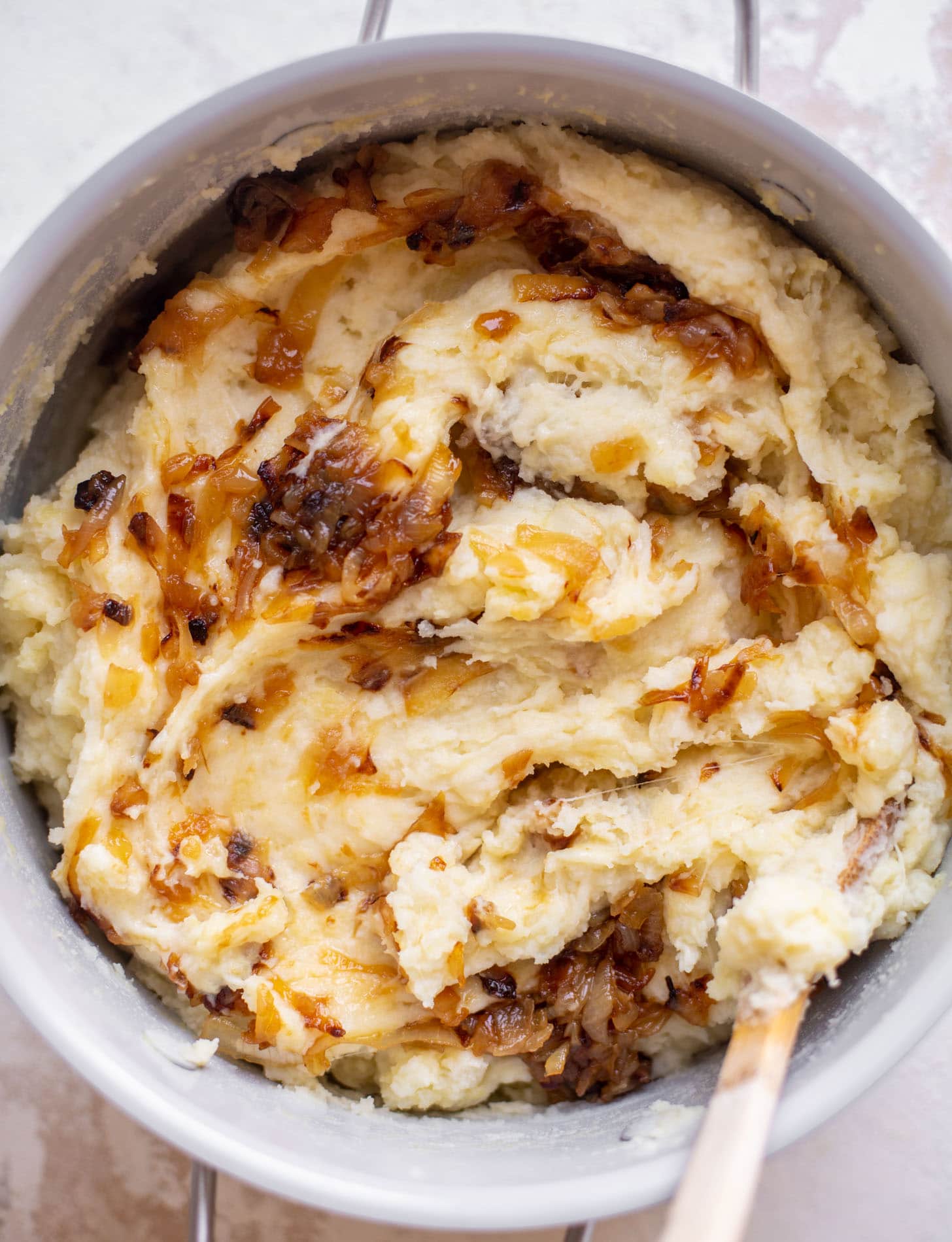 french onion mashed potatoes in a pot