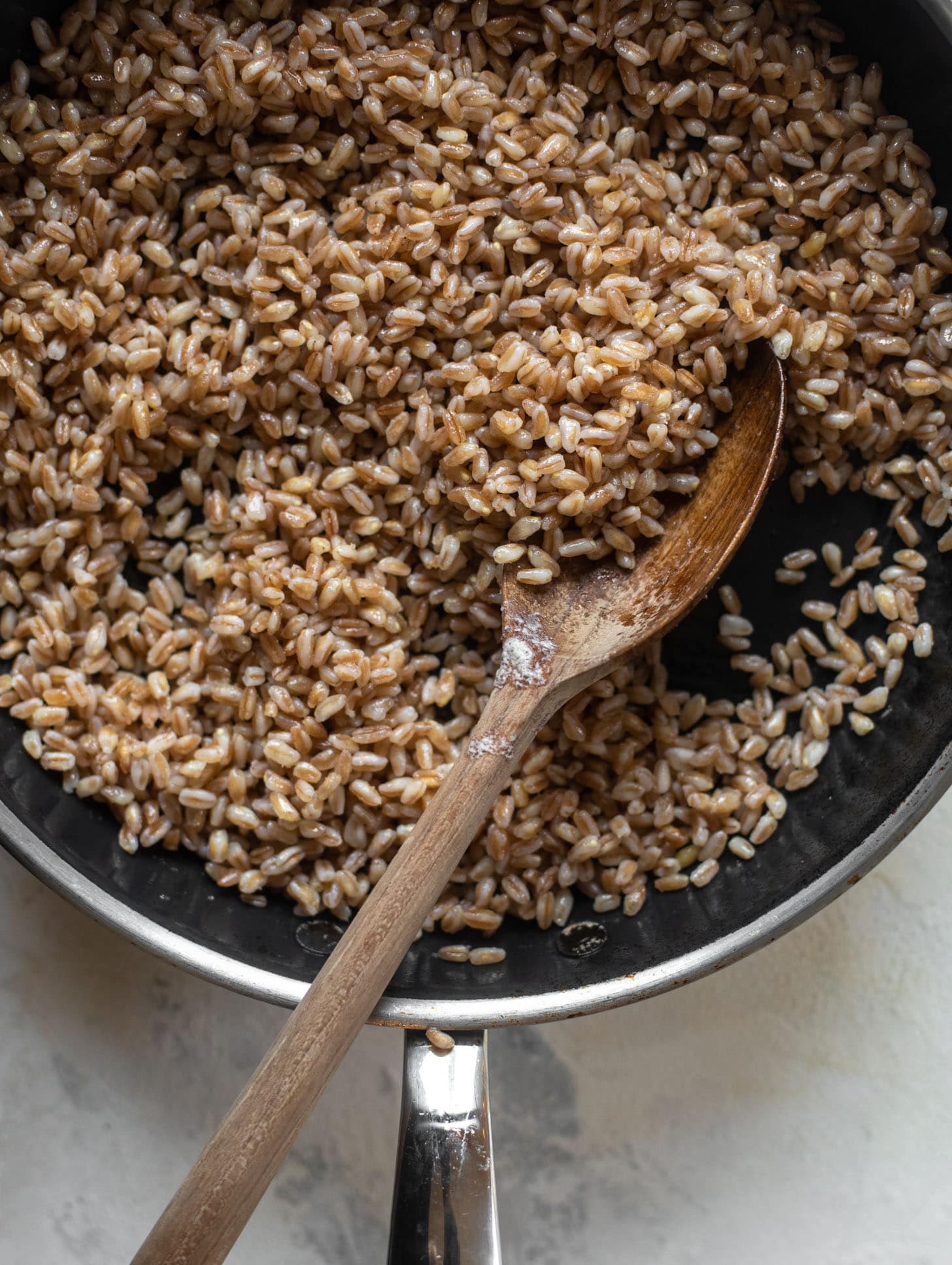 toasted farro in a skillet