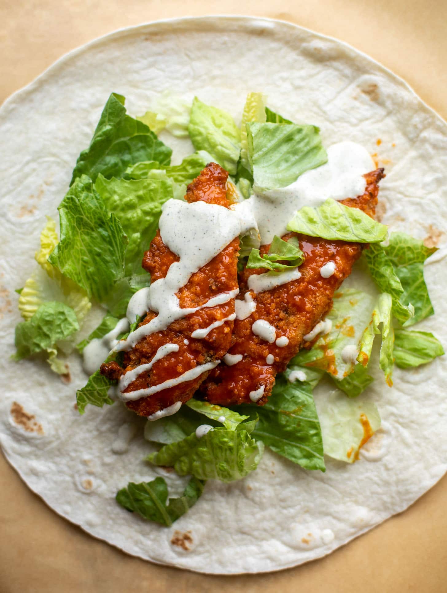 tortilla with lettuce, buffalo chicken and ranch