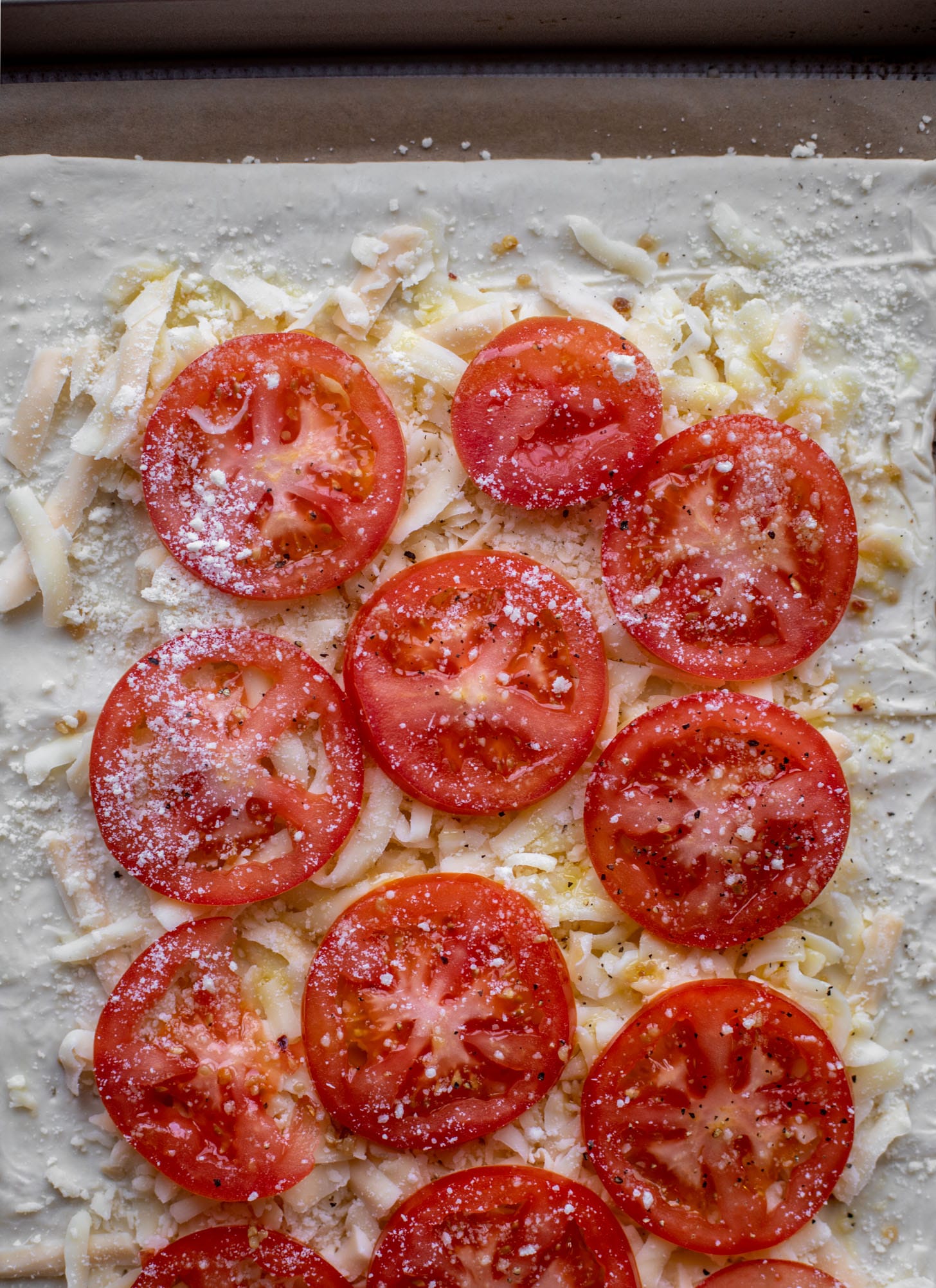 puff pastry, cheese and tomatoes