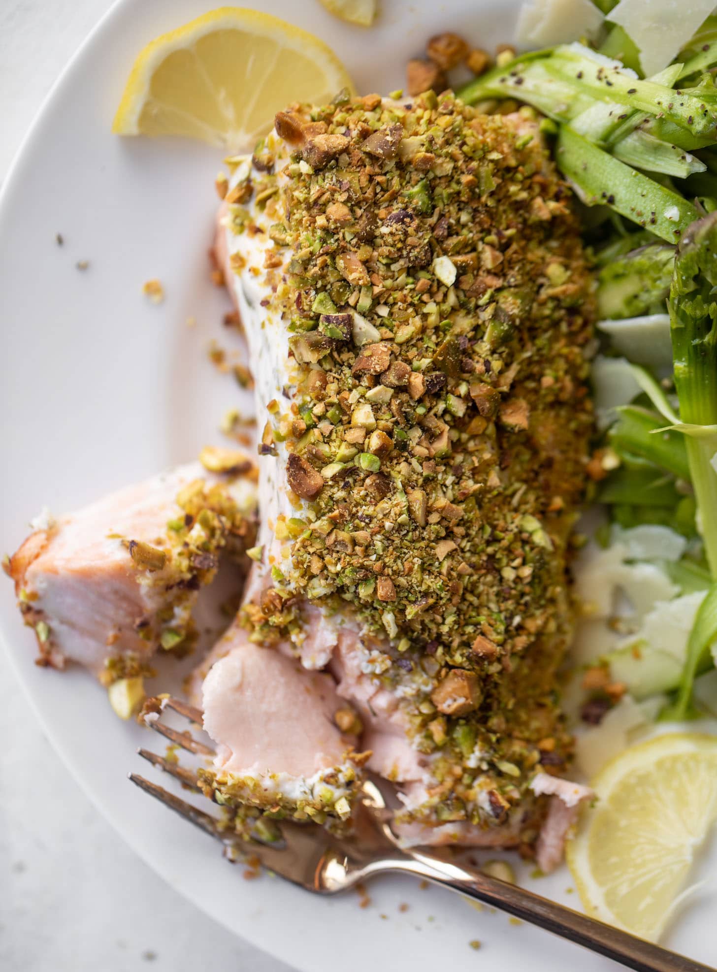 pistachio crusted salmon with shaved asparagus salad