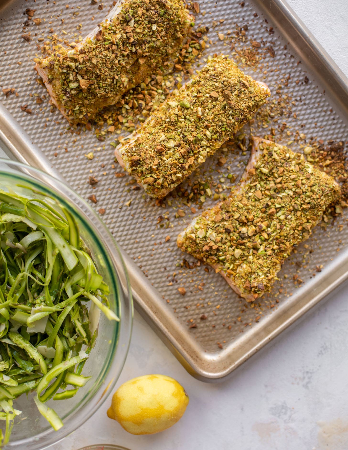 pistachio crusted salmon with shaved asparagus salad