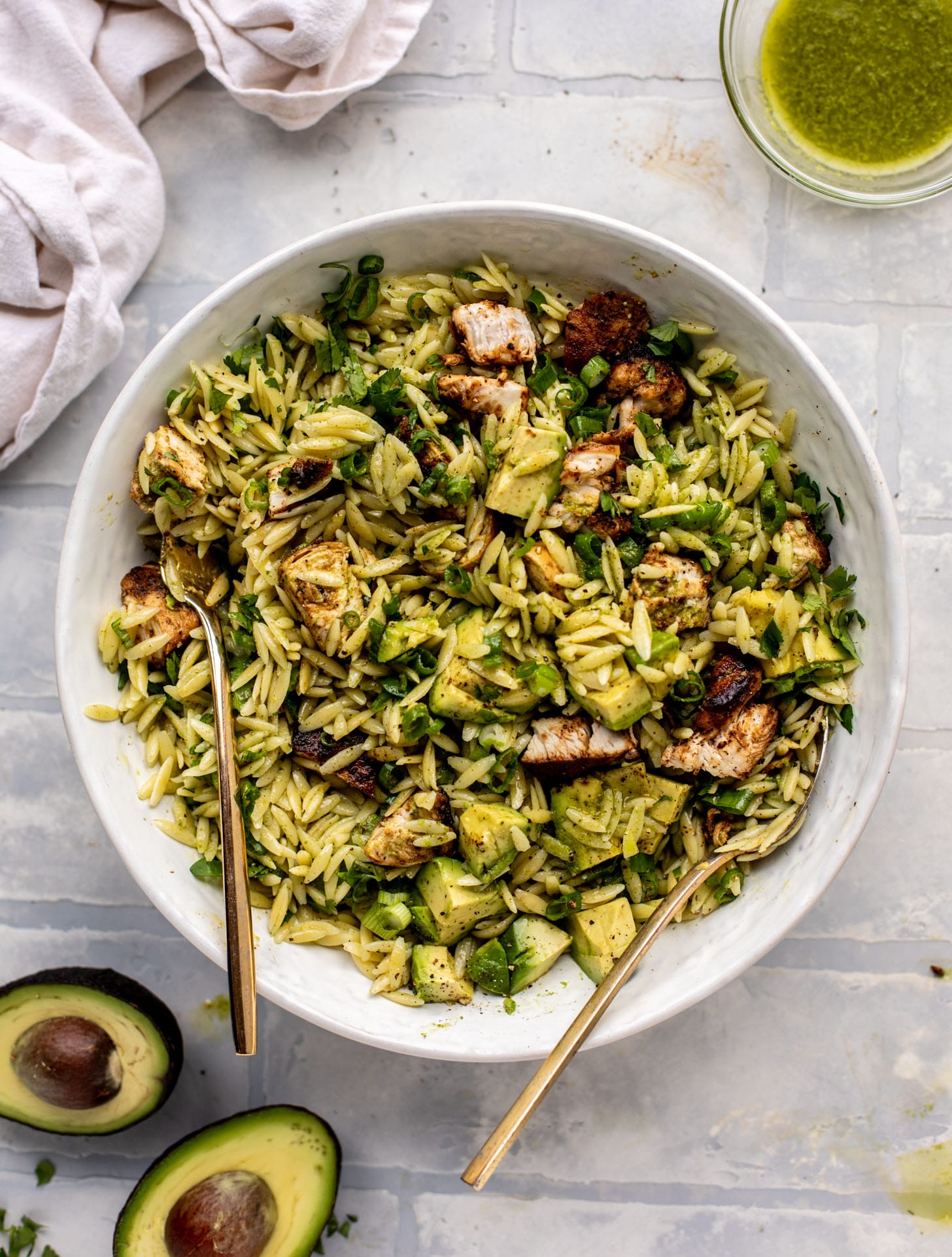 Grilled Chicken Orzo Salad with Avocado.