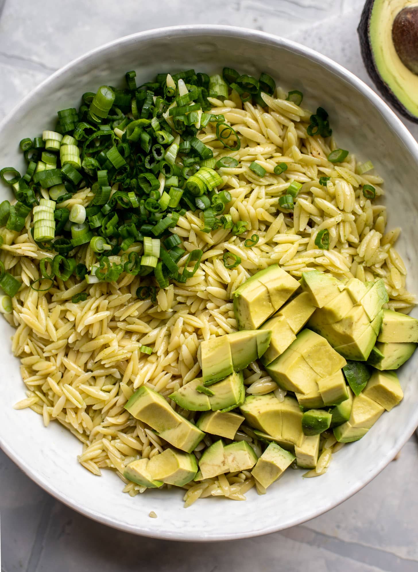 orzo with avocado and scallions