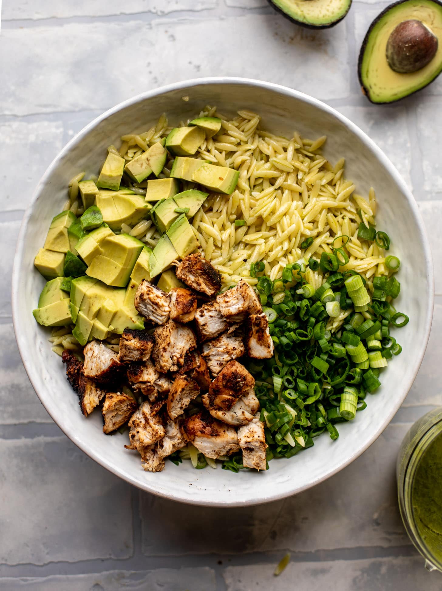 orzo with grilled chicken, avocado and scallions