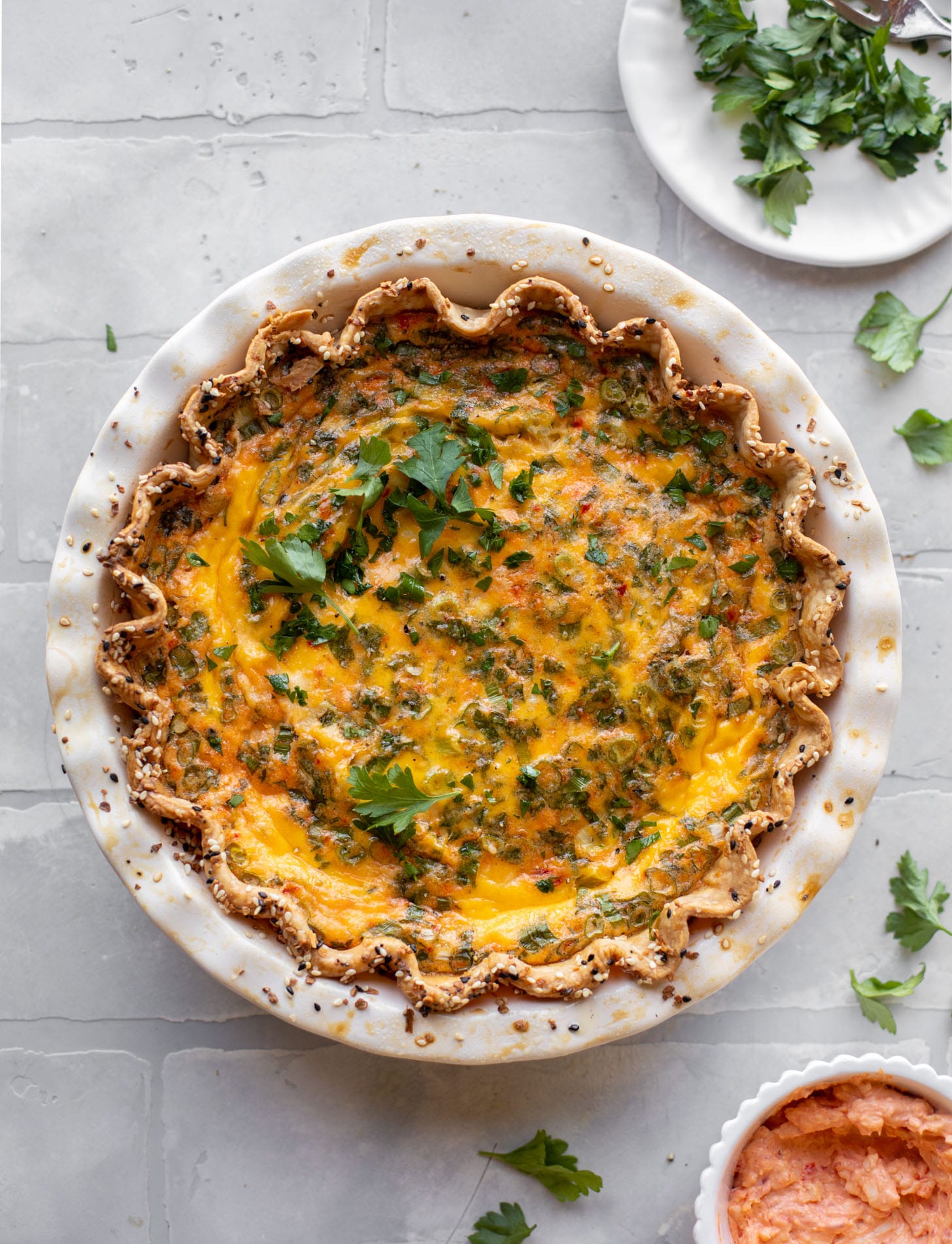 pimento cheese quiche with everything seasoning