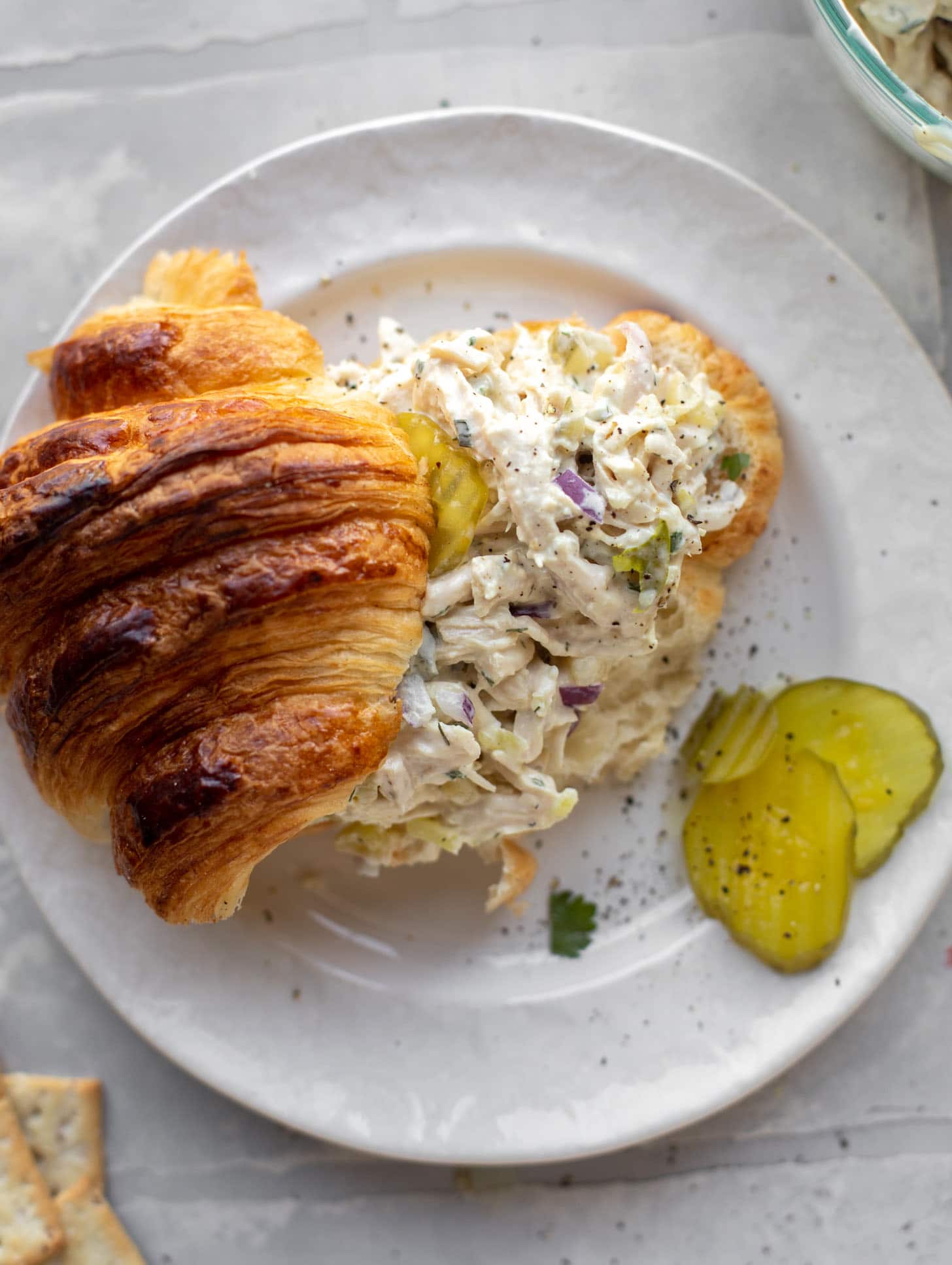 dill pickle chicken salad on a croissant