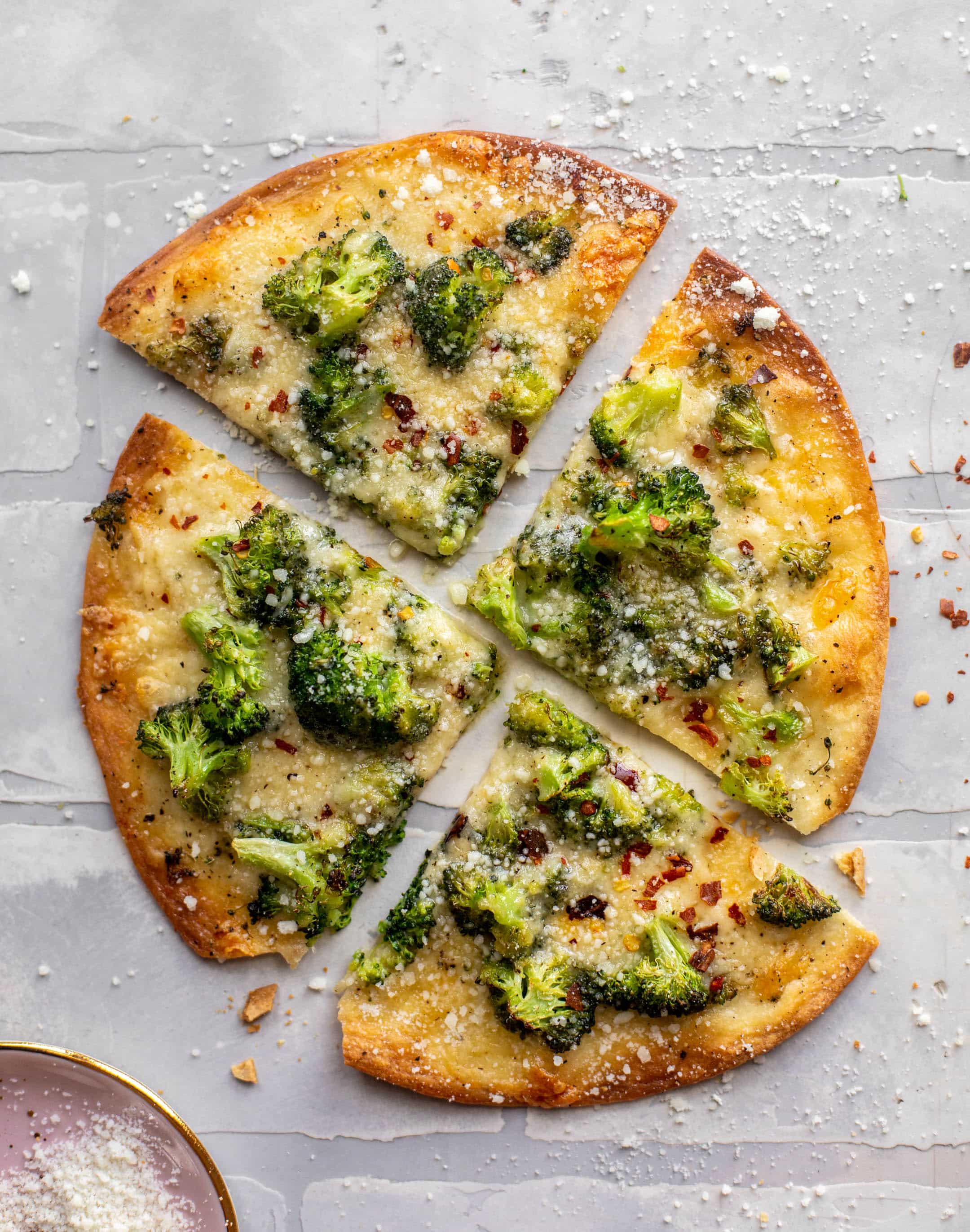 crispy broccoli cheese tortilla pizzas