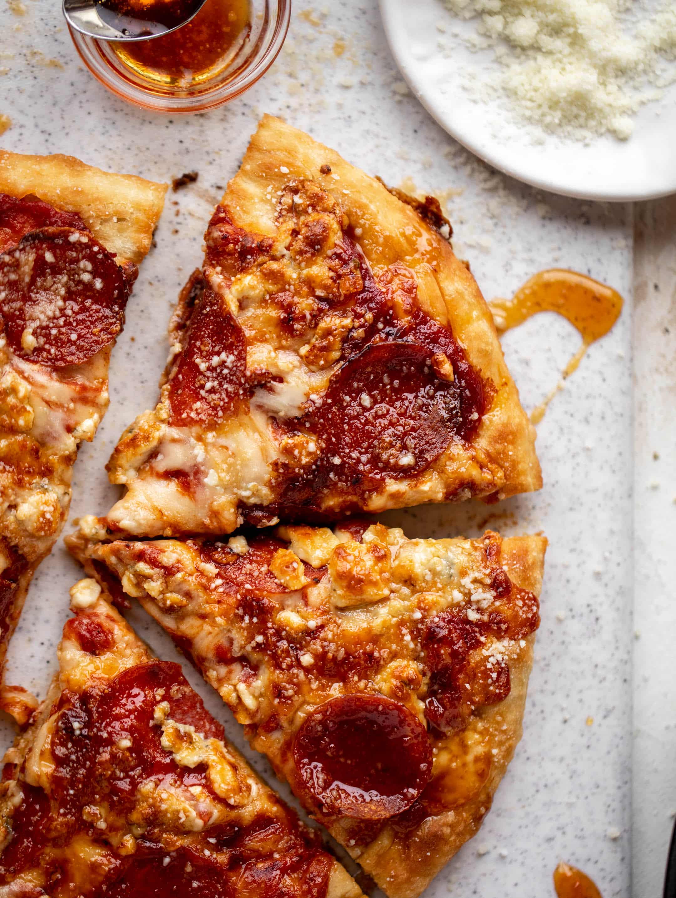 Skillet Pepperoni Pizza with Hot Honey and Blue Cheese