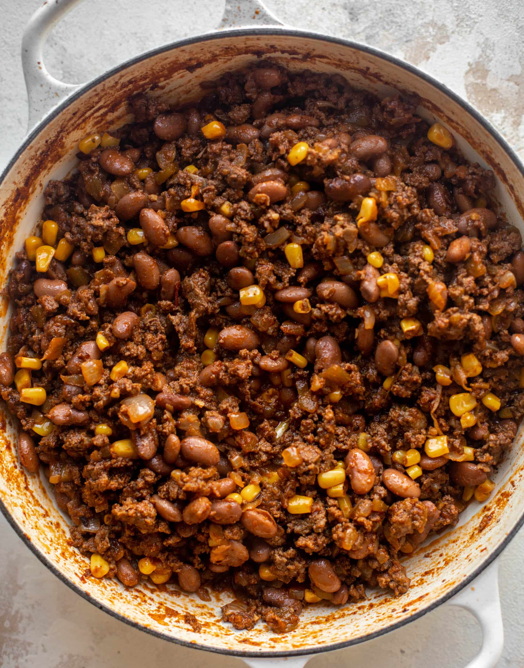 ground beef, beans, chiles and corn