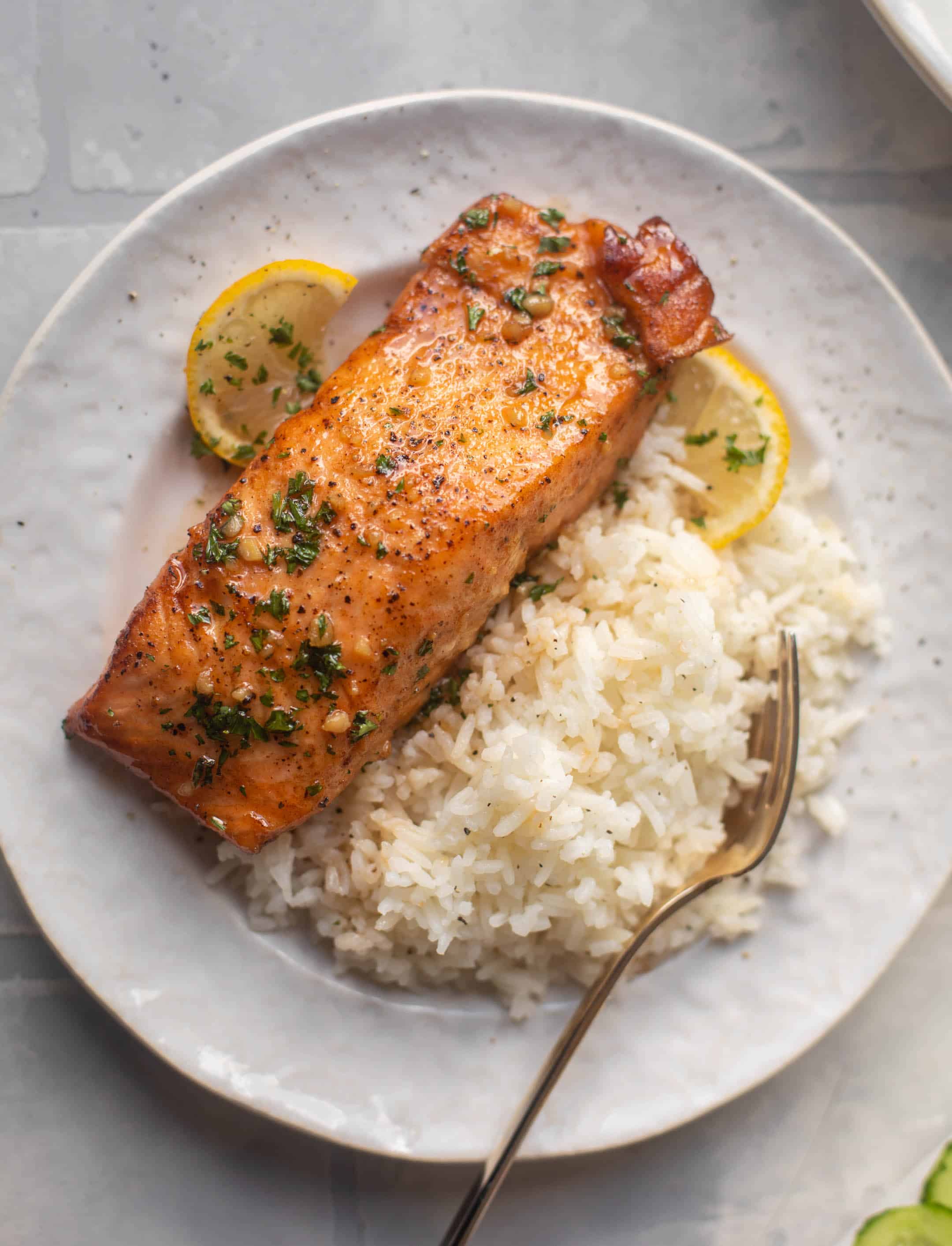 sticky garlic butter salmon and rice