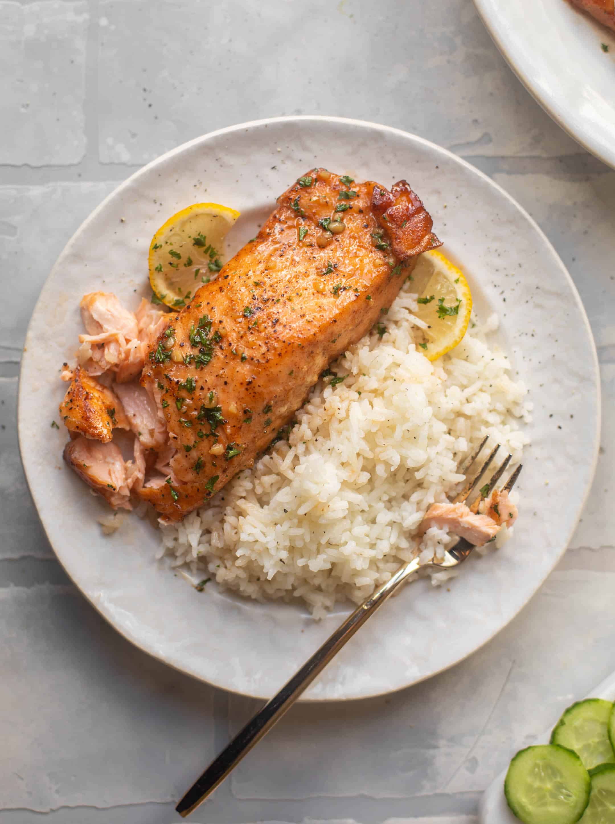 sticky garlic butter salmon and rice