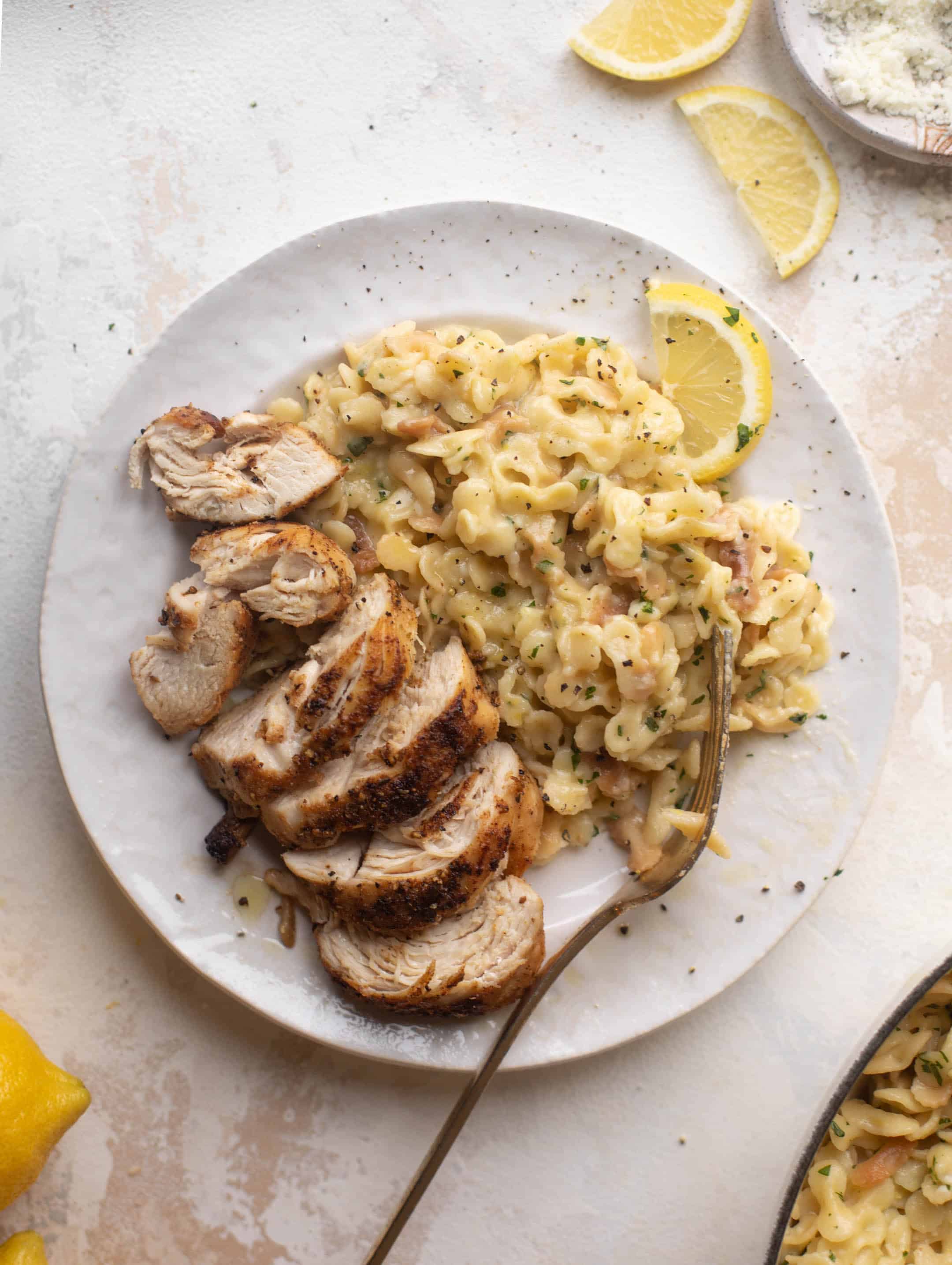 seared cast iron chicken with baked lemon pasta