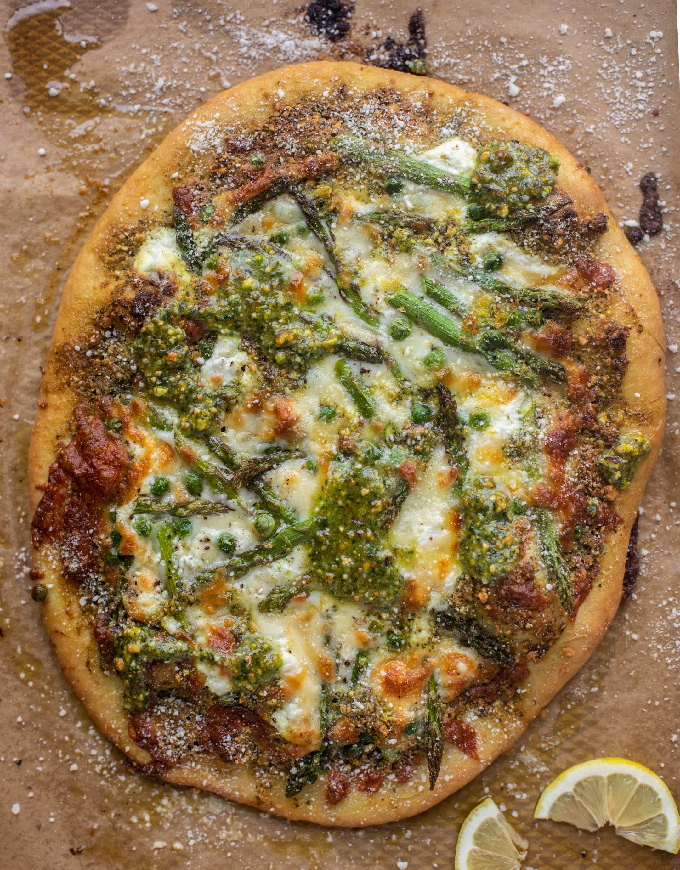 spring pistachio pesto pizza
