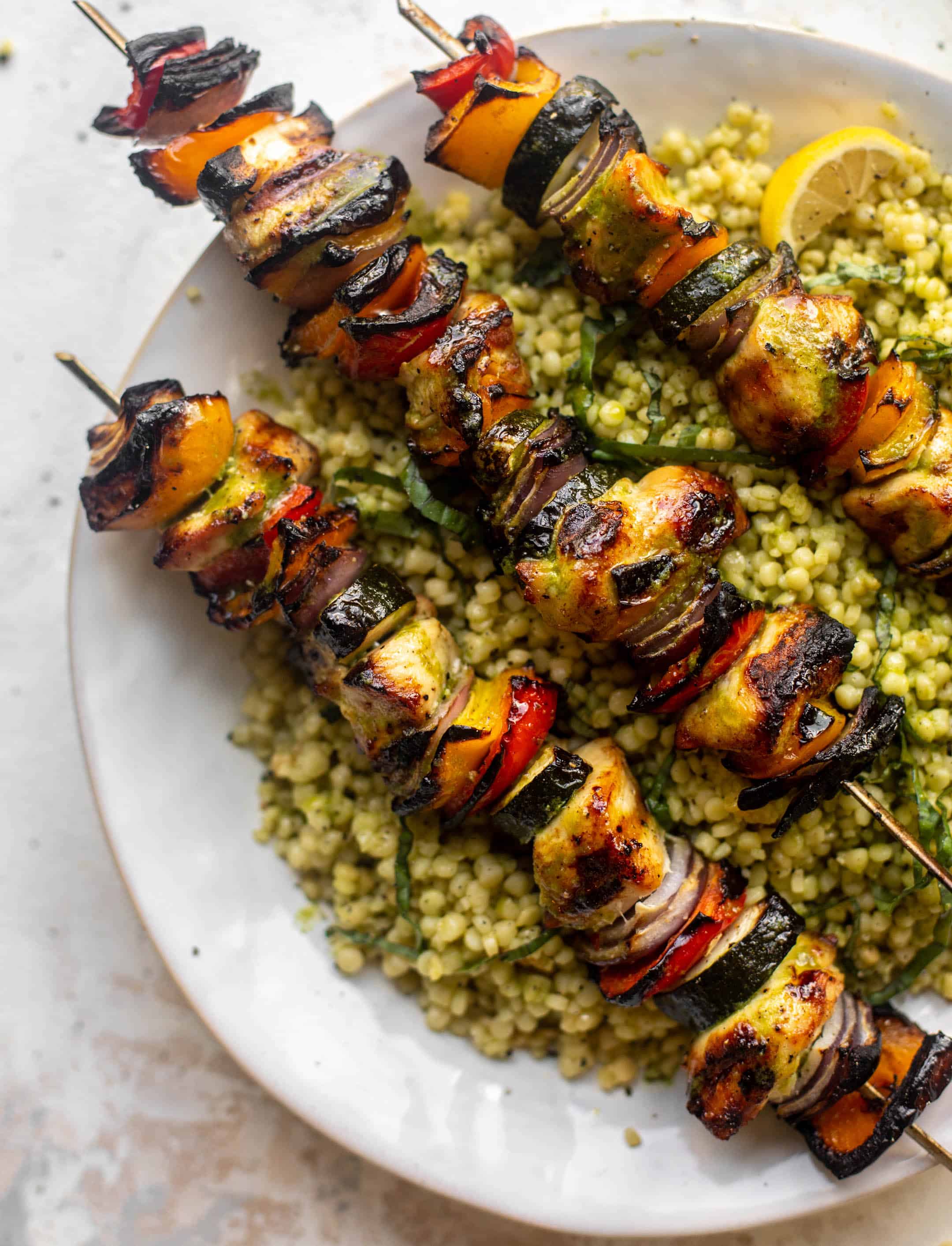 summer chicken skewers with basil couscous