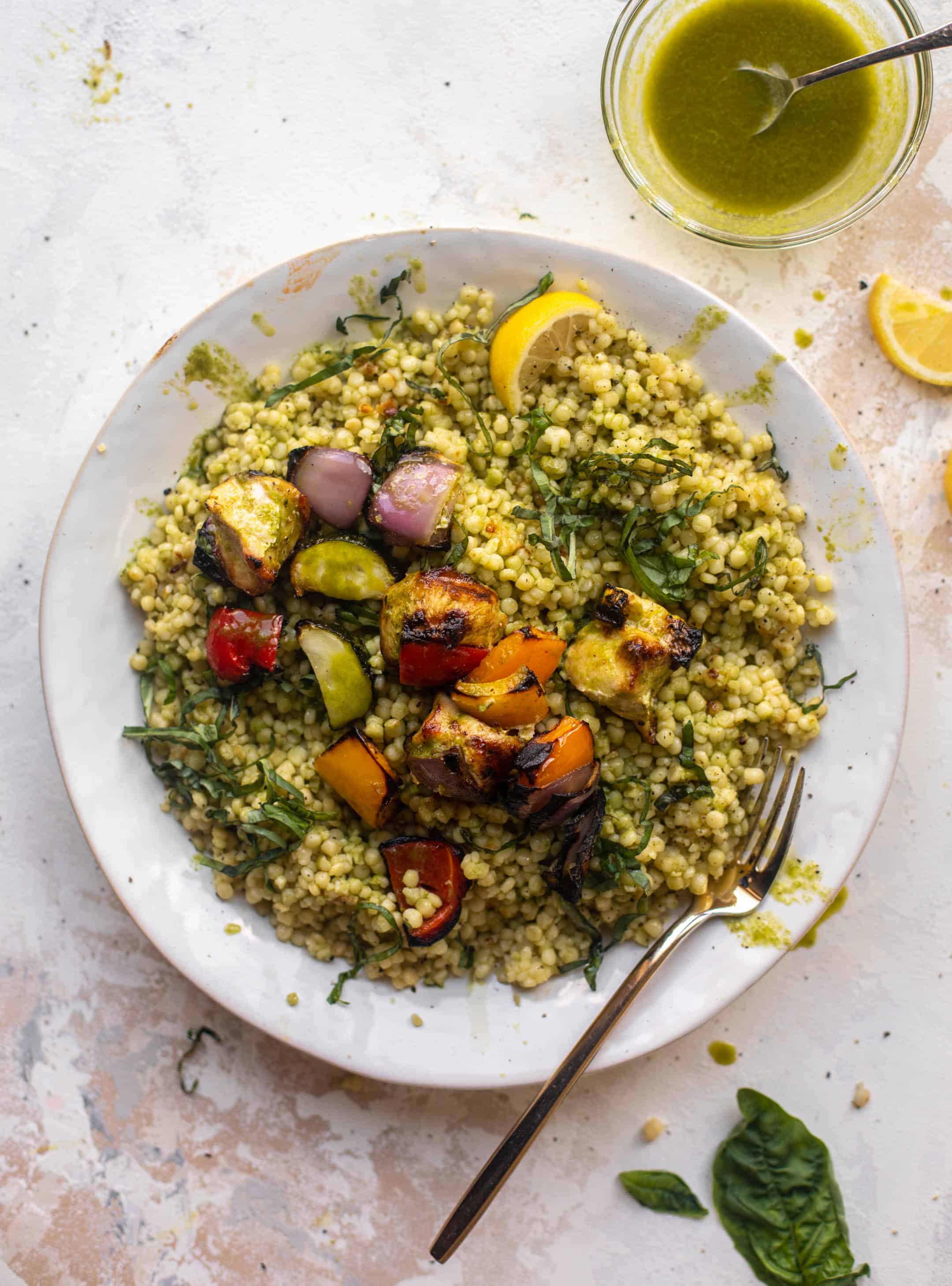 summer chicken skewers with basil couscous