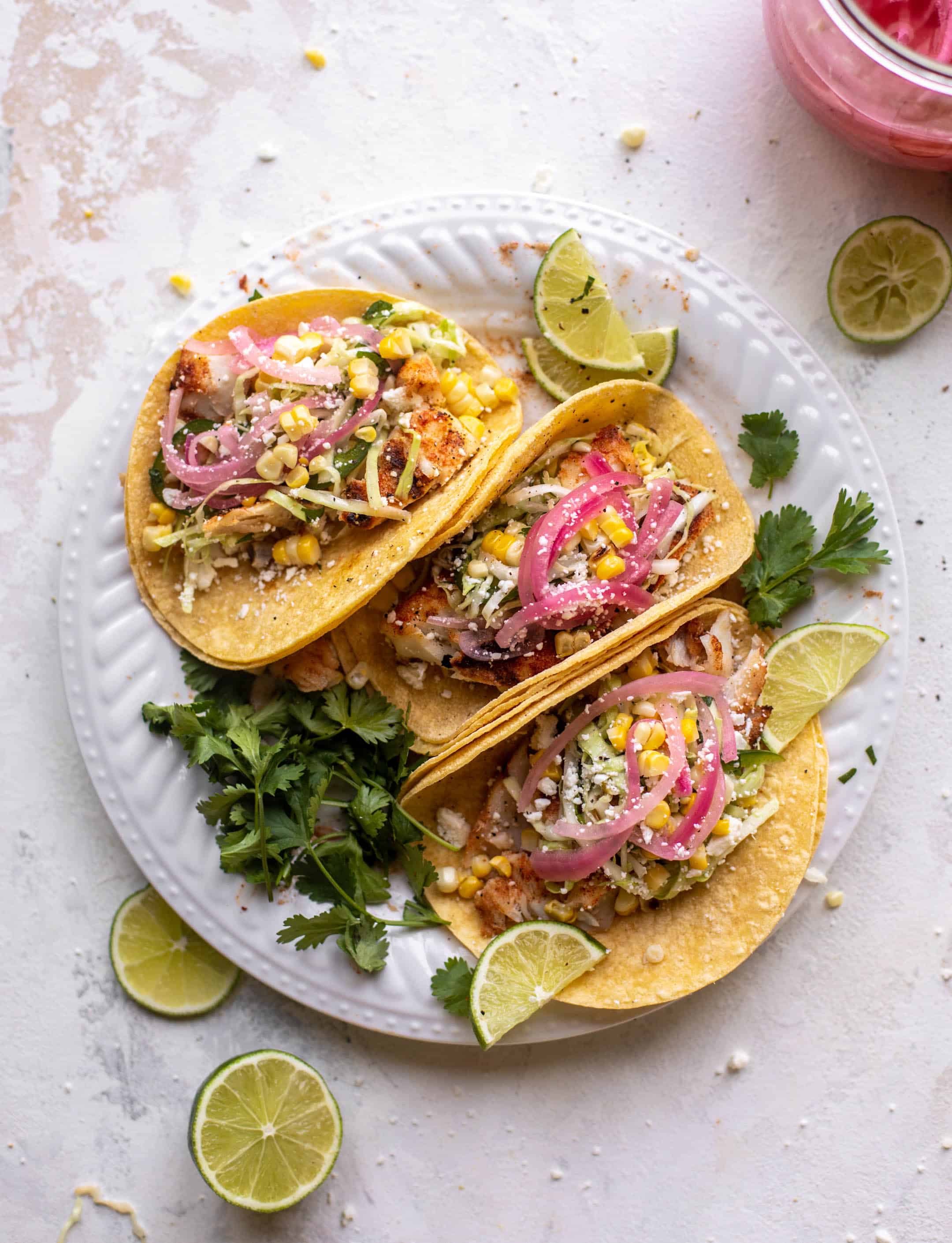 Grilled Fish Tacos with Jalapeño Corn Slaw.