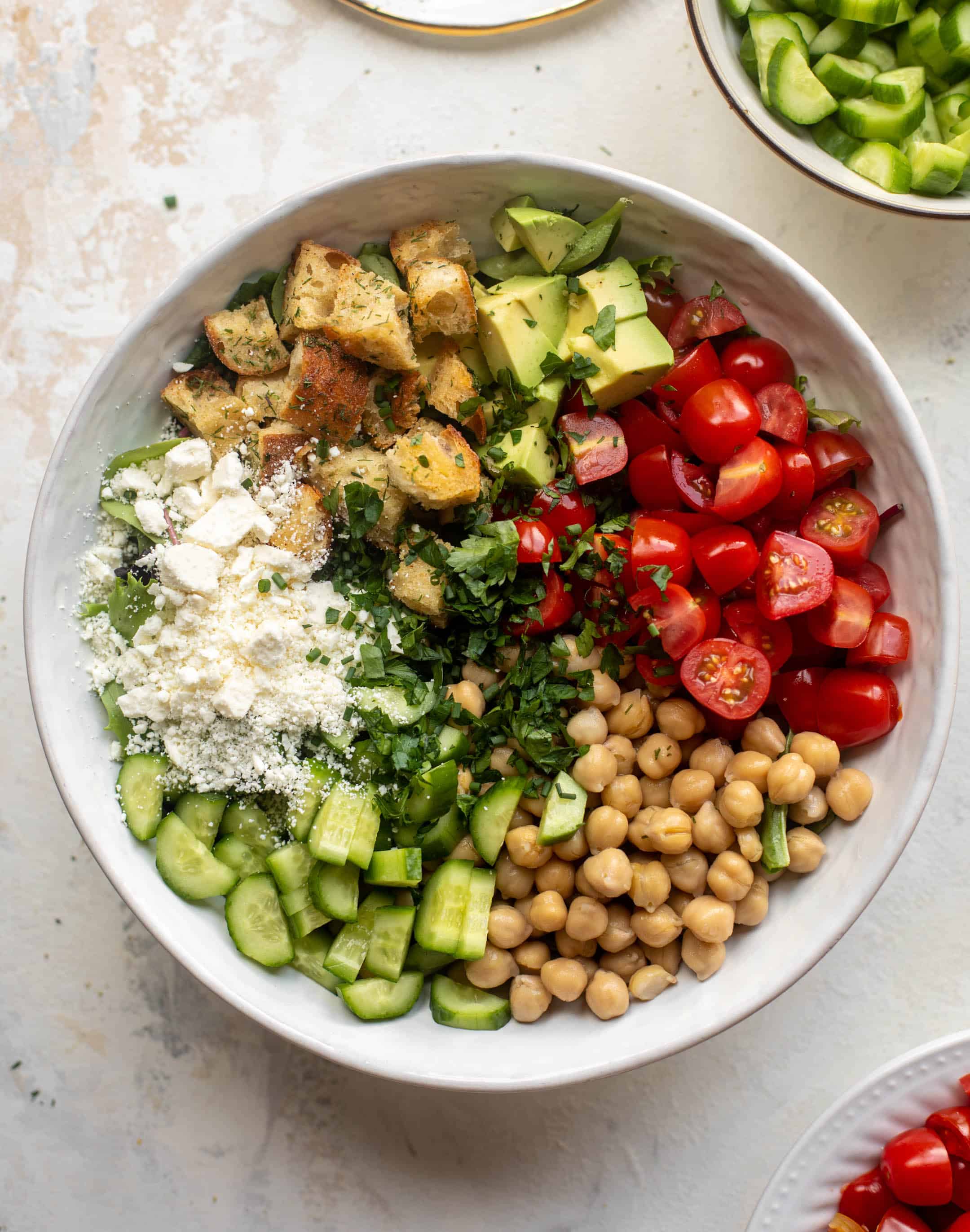 chickpea salad bowl with dilly croutons