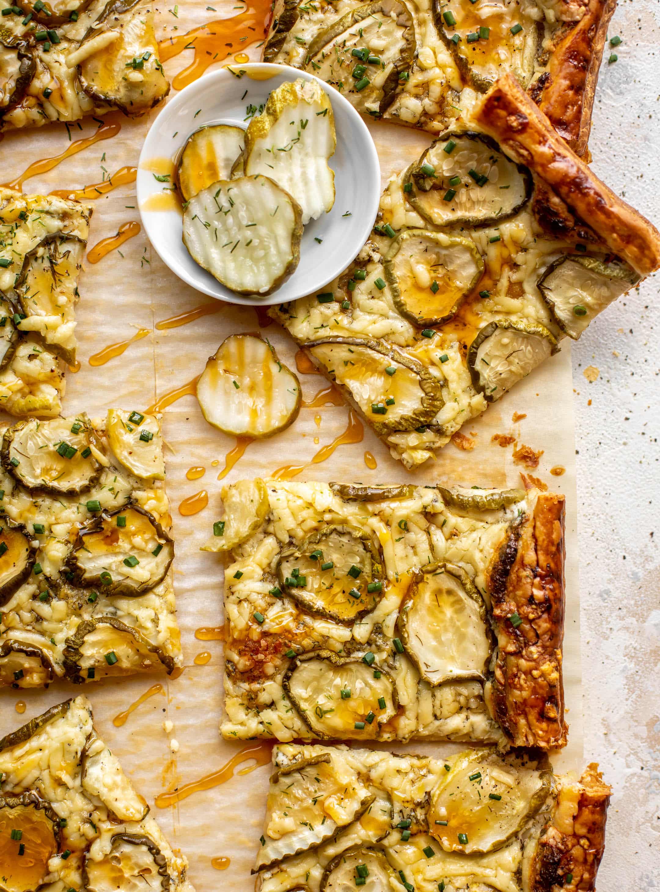 pickle puff pastry pizza with hot honey