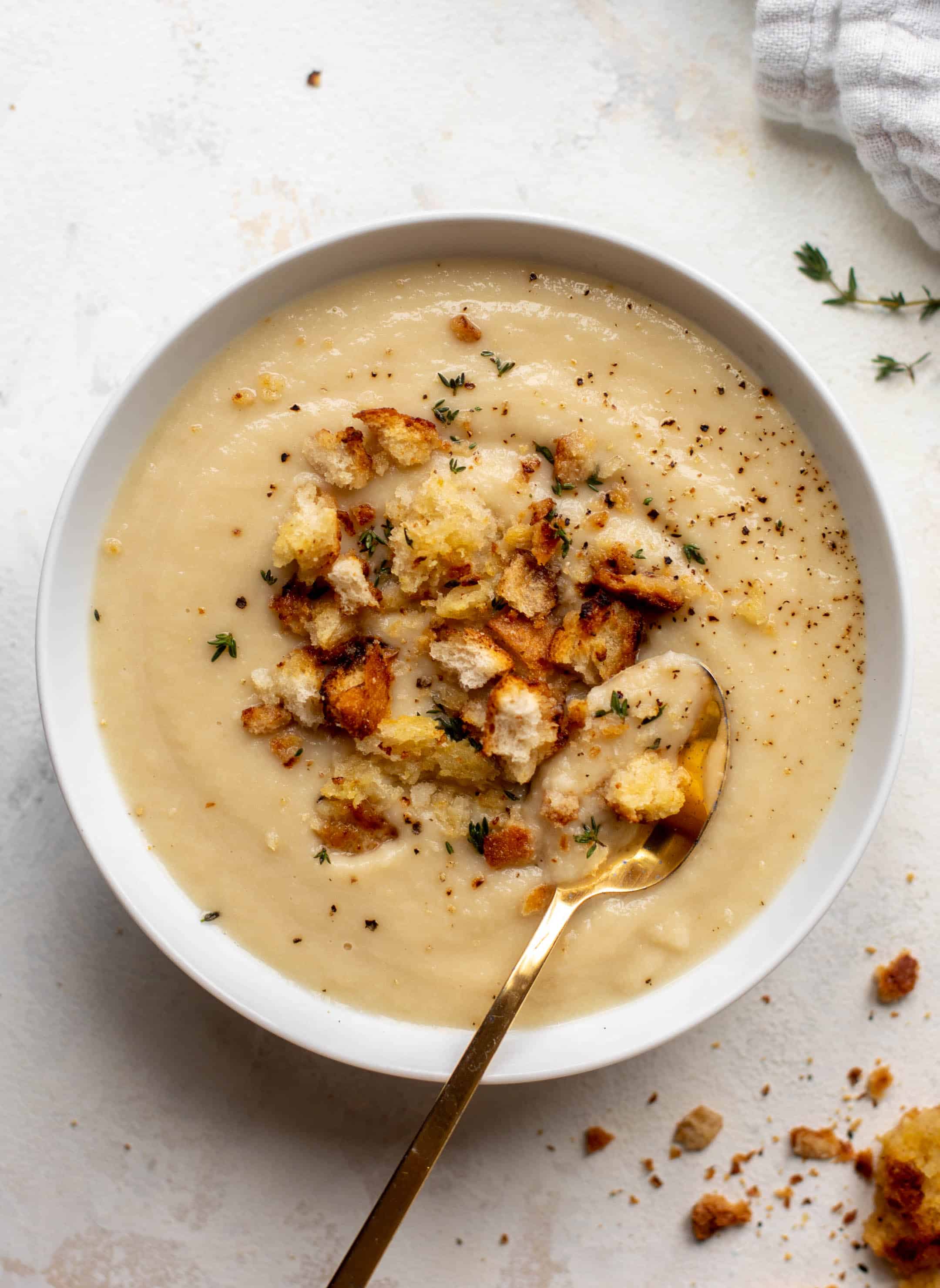 Cauliflower White Bean Soup with Mustardy Croutons.