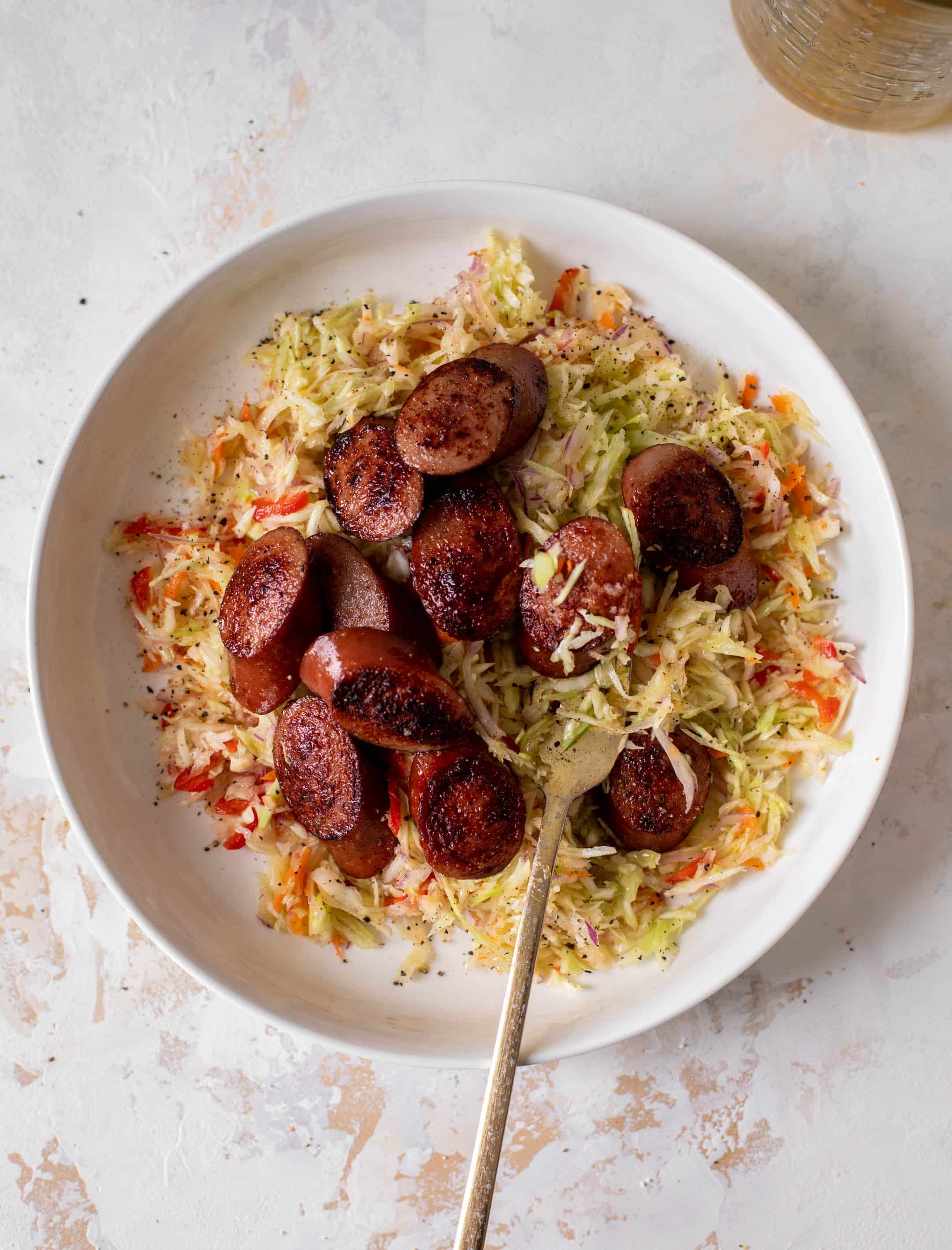 Smoked Sausage Salad with Shredded Cabbage.