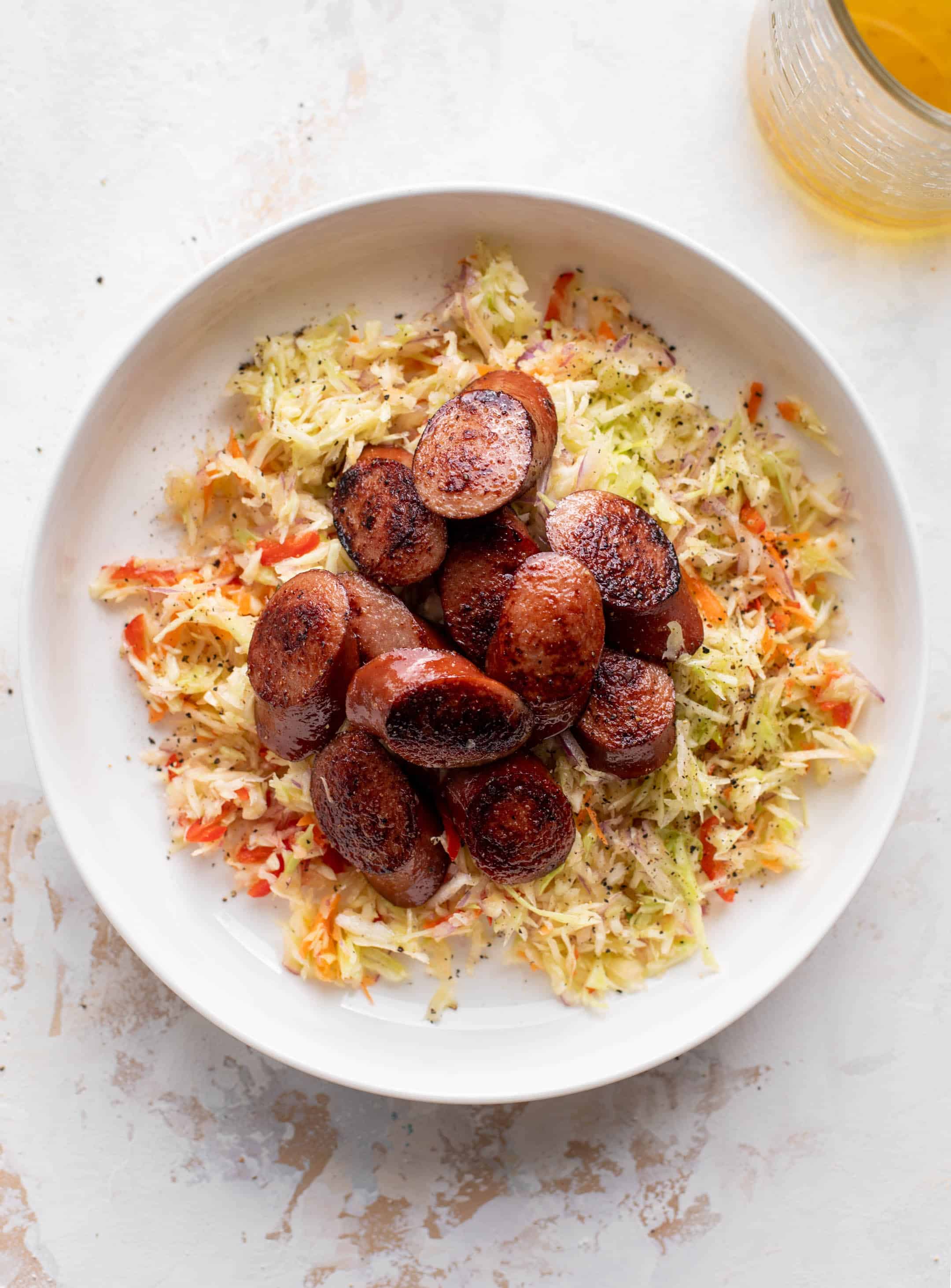 smoked sausage salad with shredded cabbage
