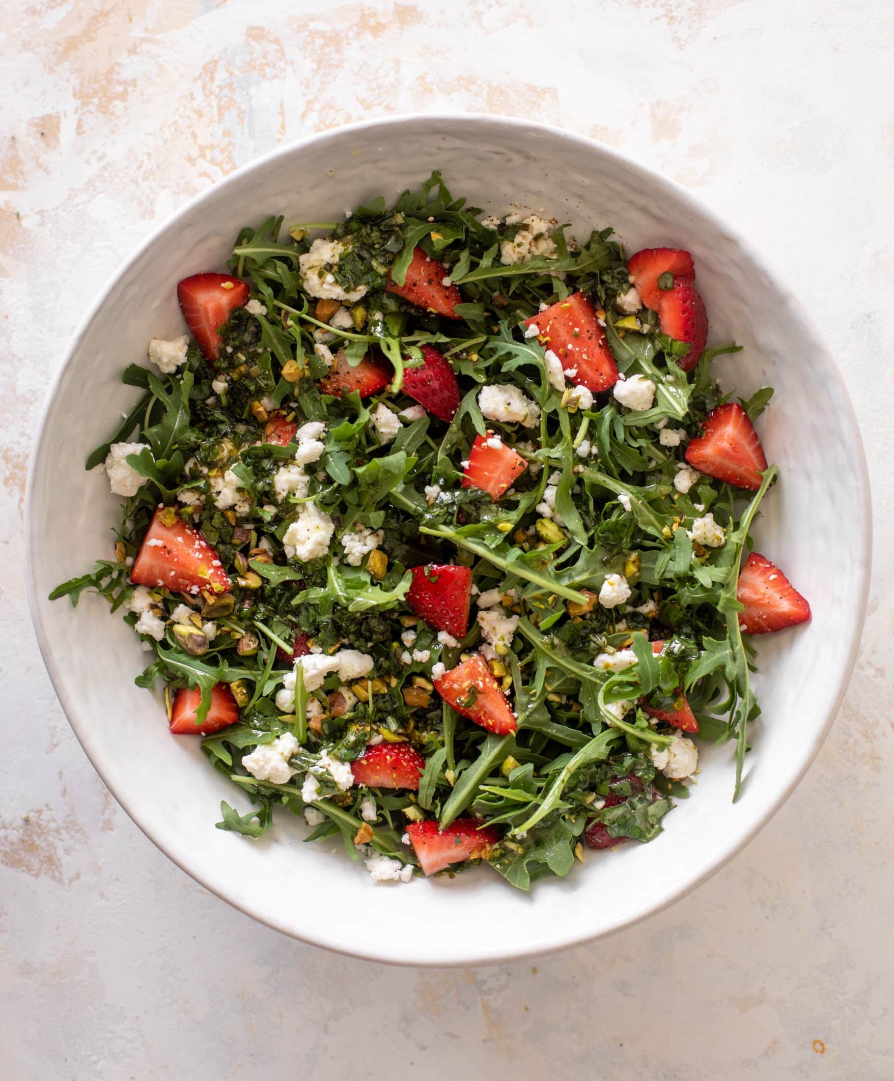 strawberry pistachio salad with crispy chicken