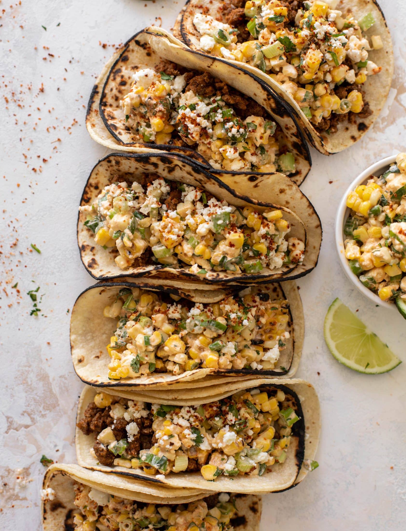 creamy street corn beef tacos