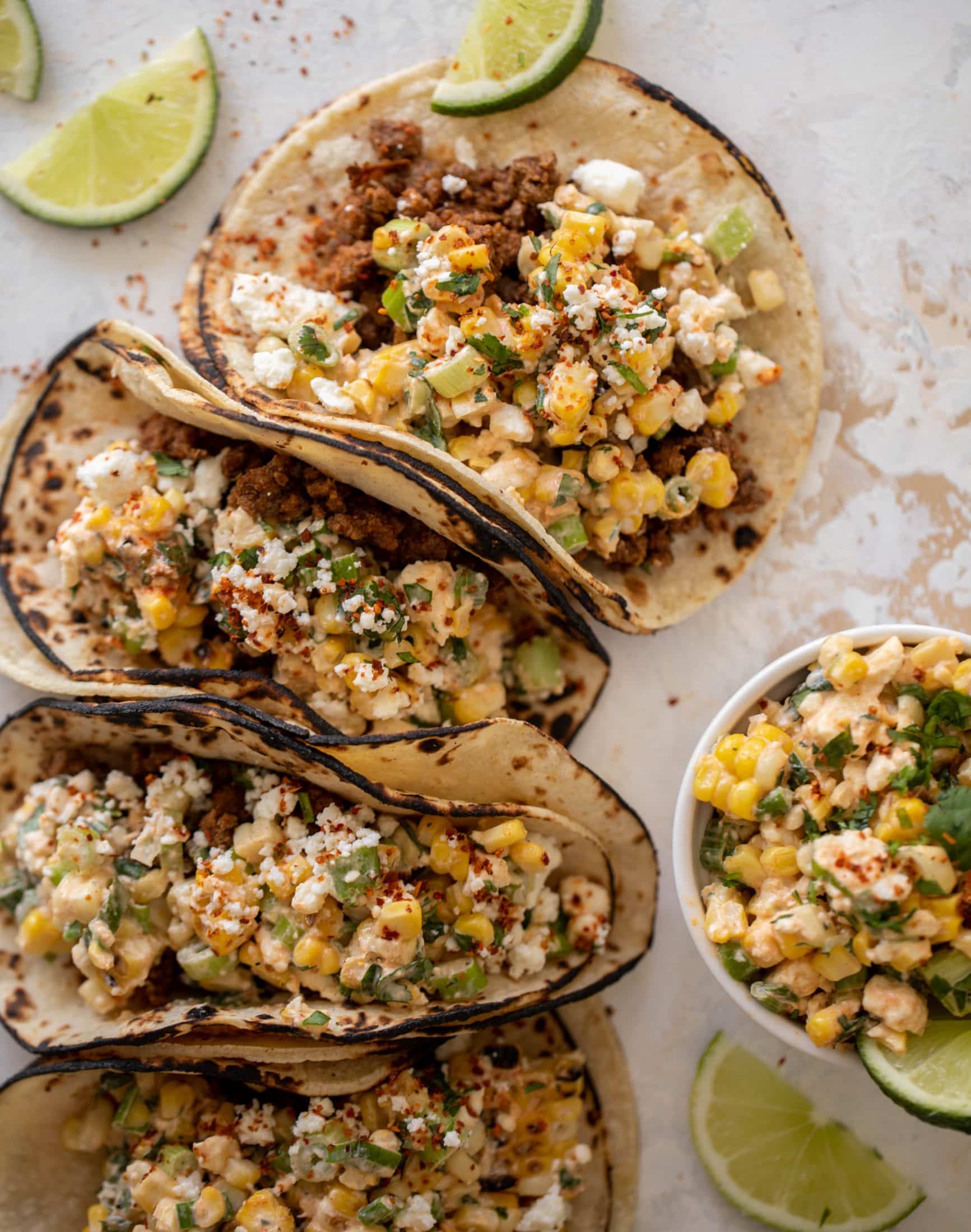 creamy street corn beef tacos