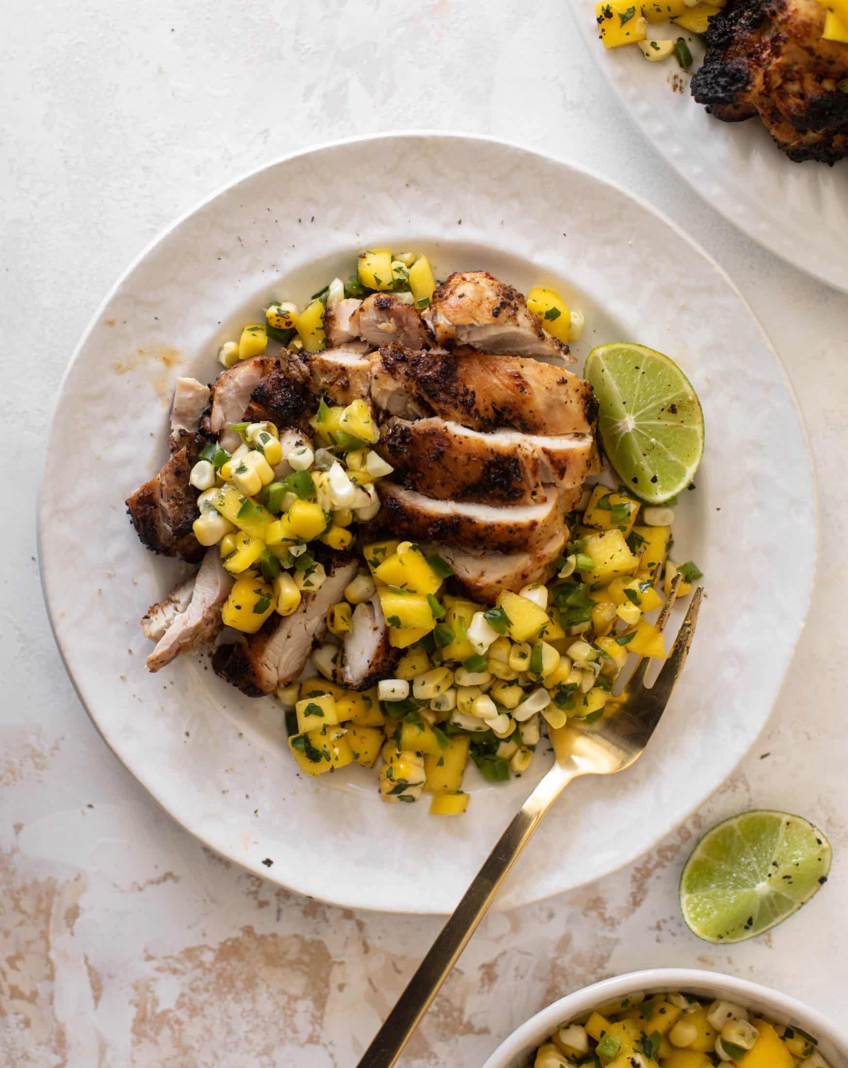 chili lime chicken thighs with mango corn salsa