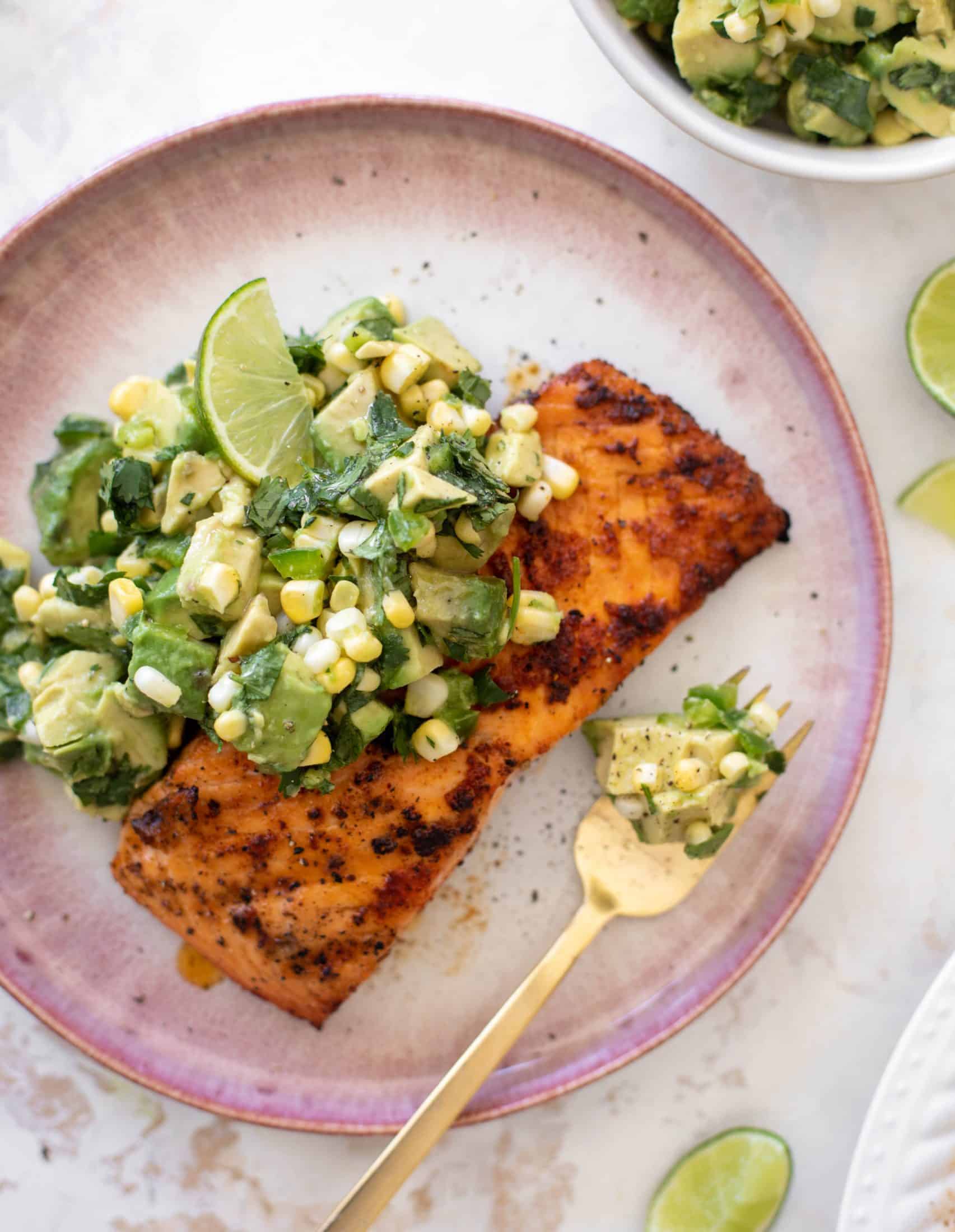 grilled salmon with avocado corn salsa