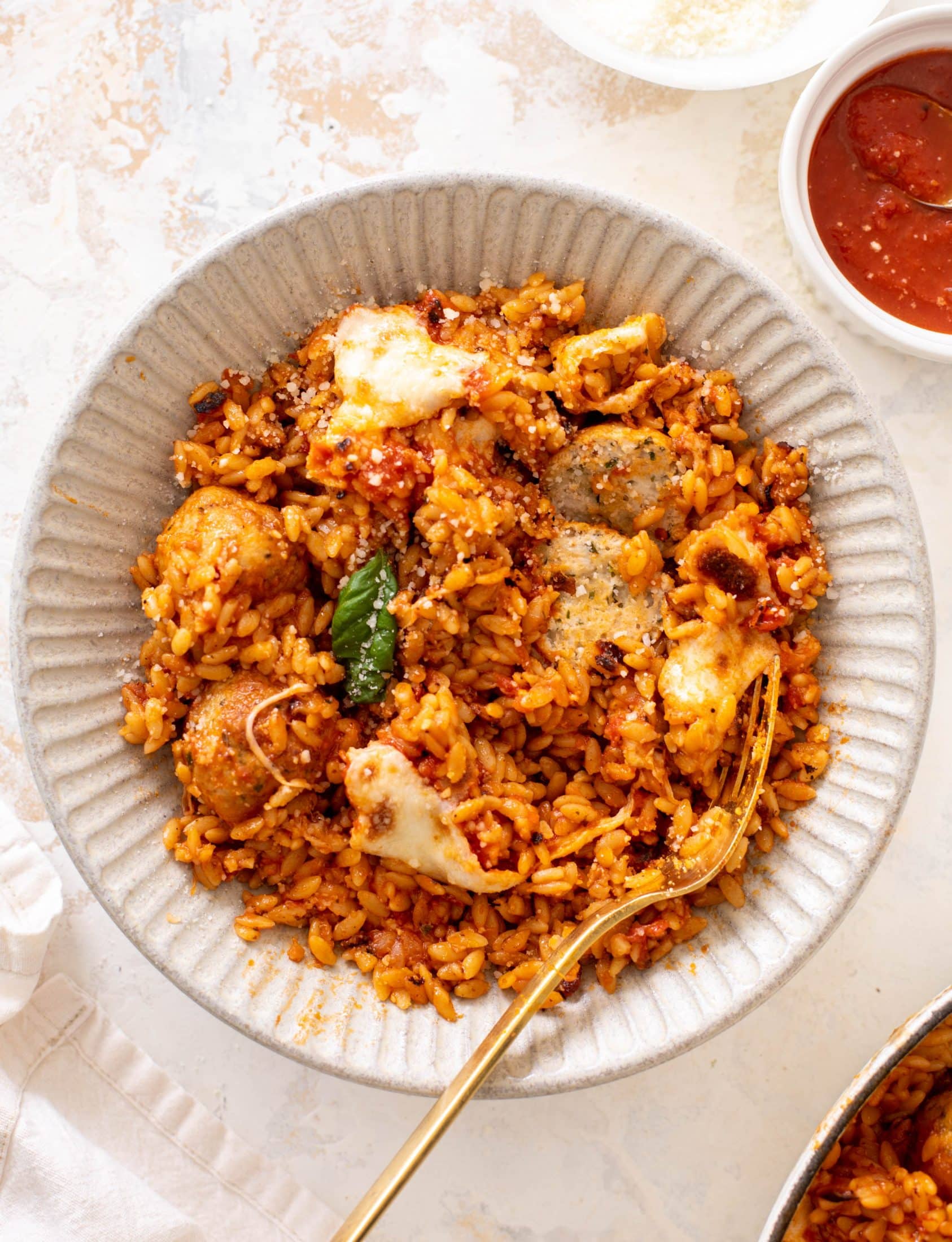 one pot chicken parm meatballs and orzo