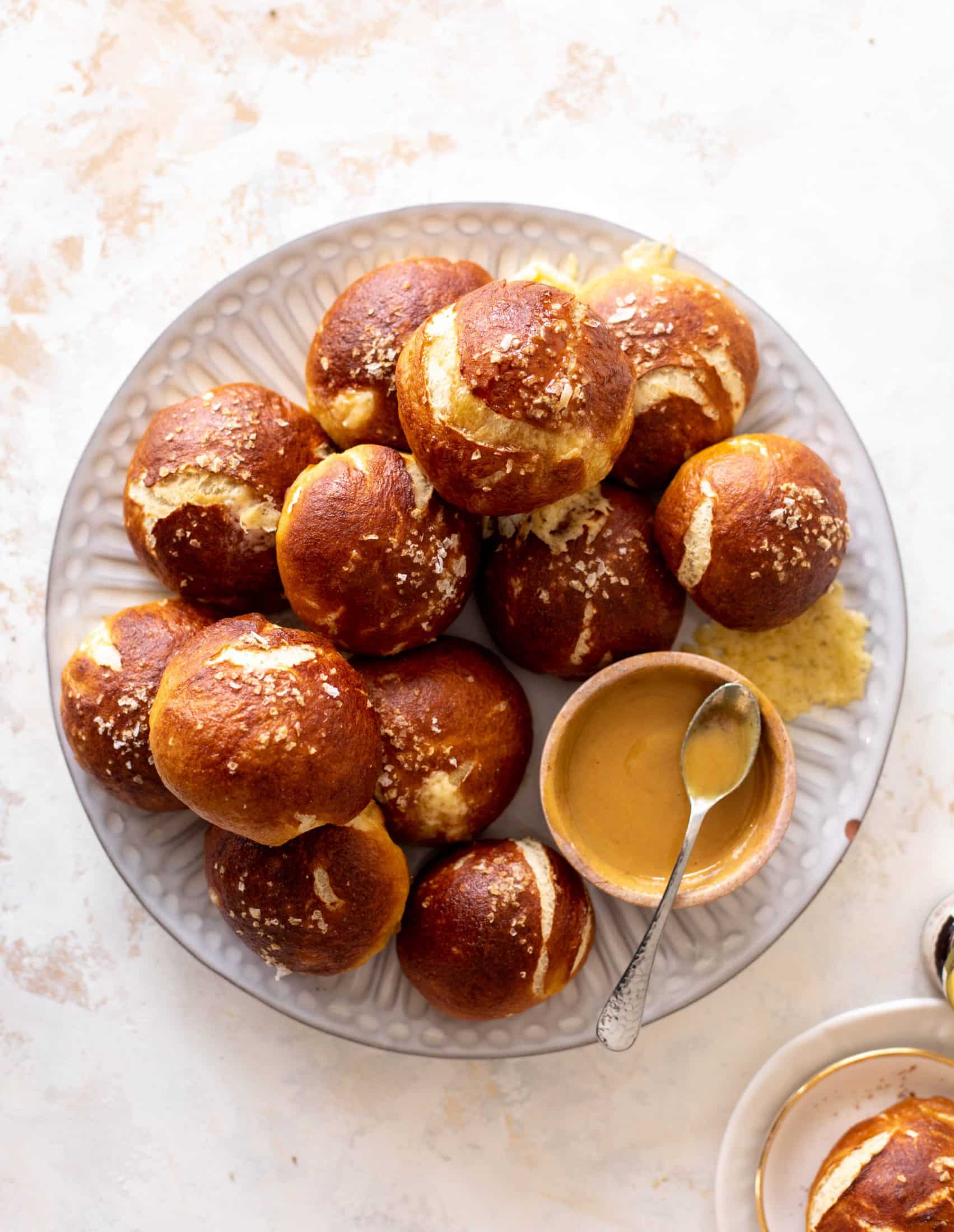 cheddar stuffed soft pretzels with hot honey mustard