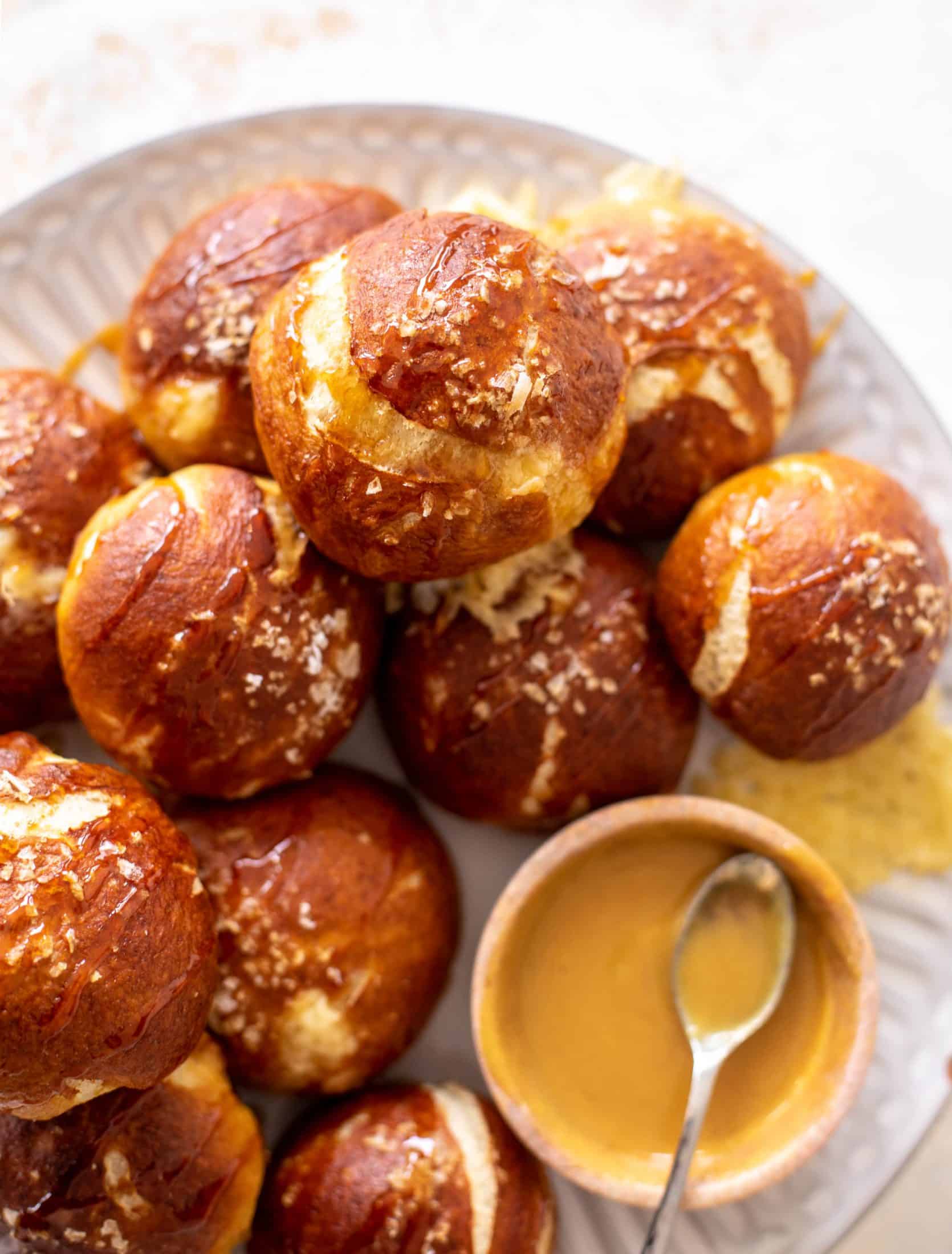 cheddar stuffed soft pretzels with hot honey mustard