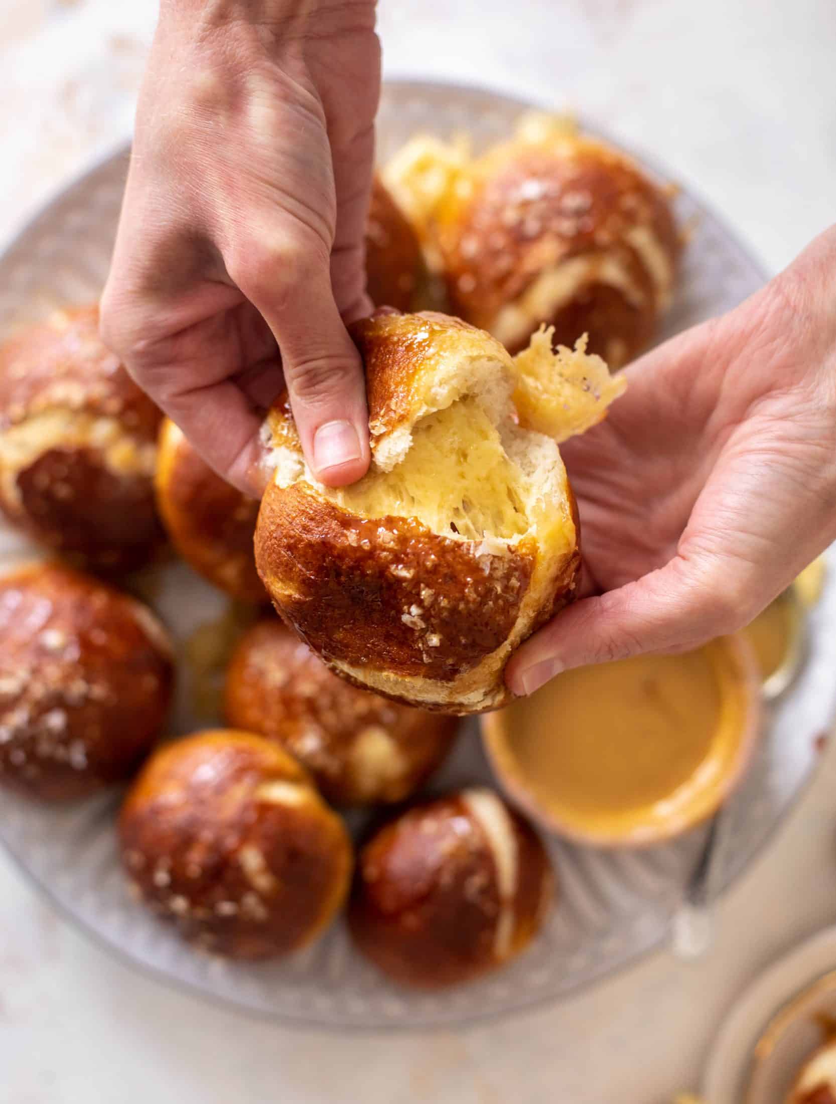 cheddar stuffed soft pretzels with hot honey mustard