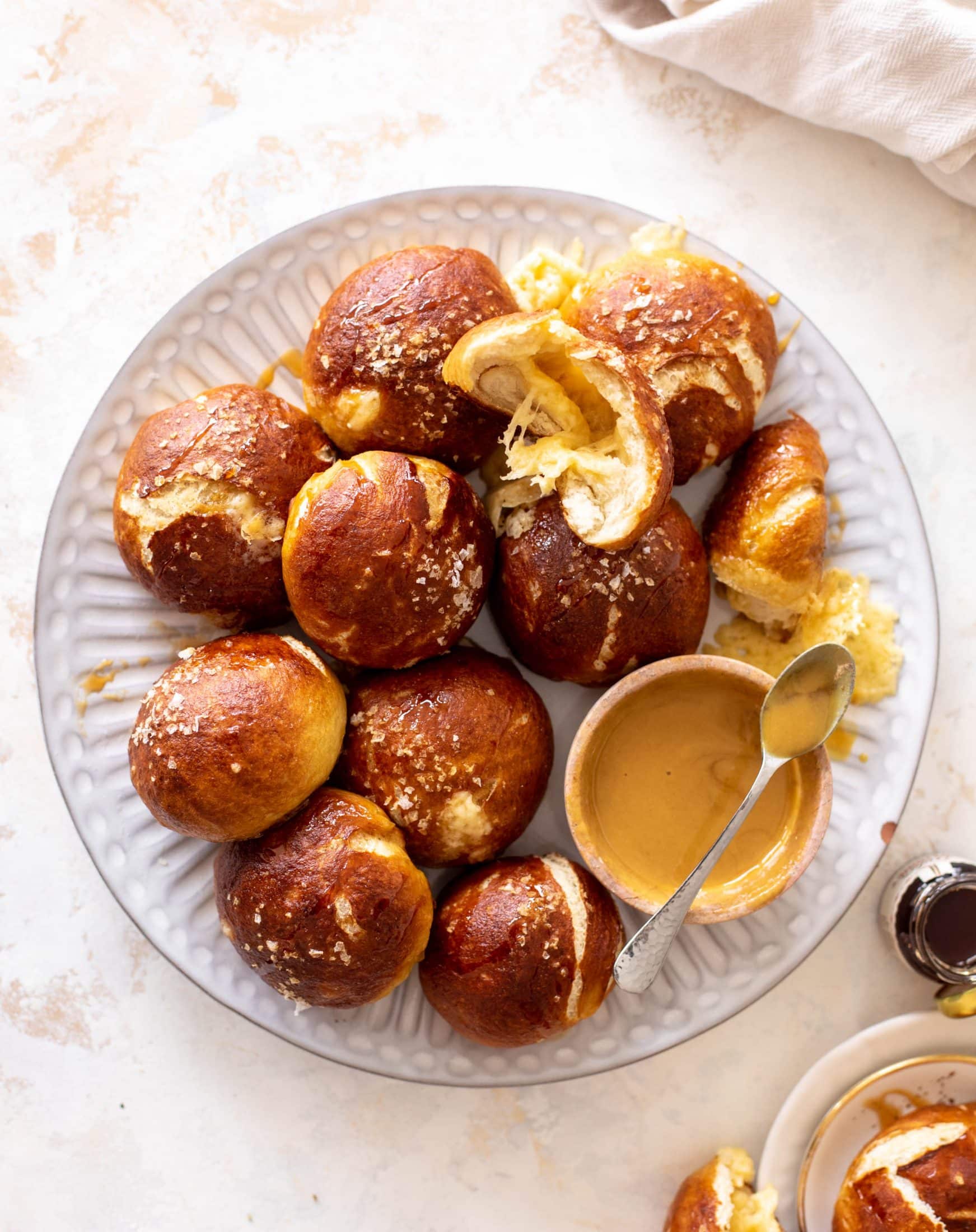 cheddar stuffed soft pretzels with hot honey mustard