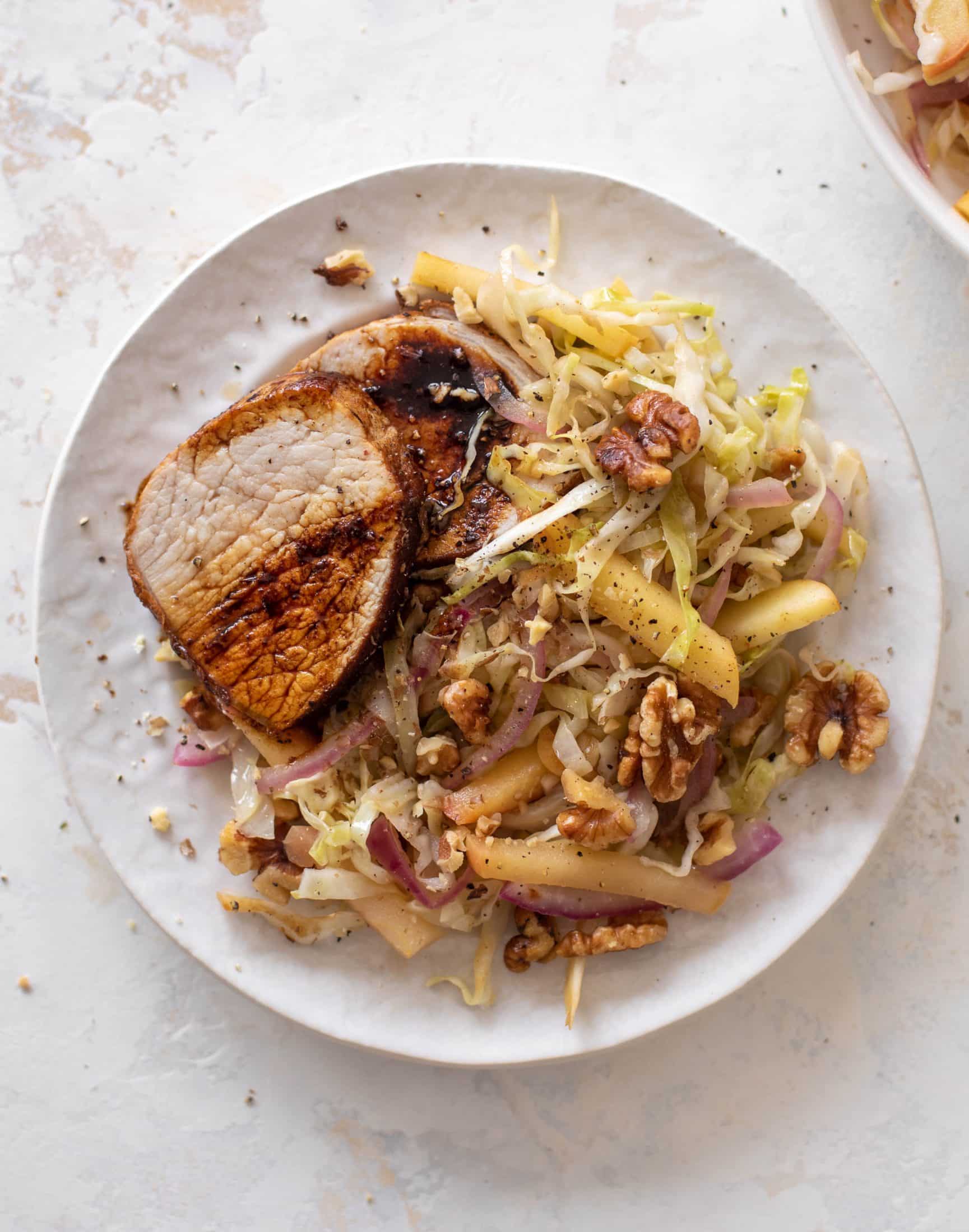 sticky pork tenderloin with warm apple slaw