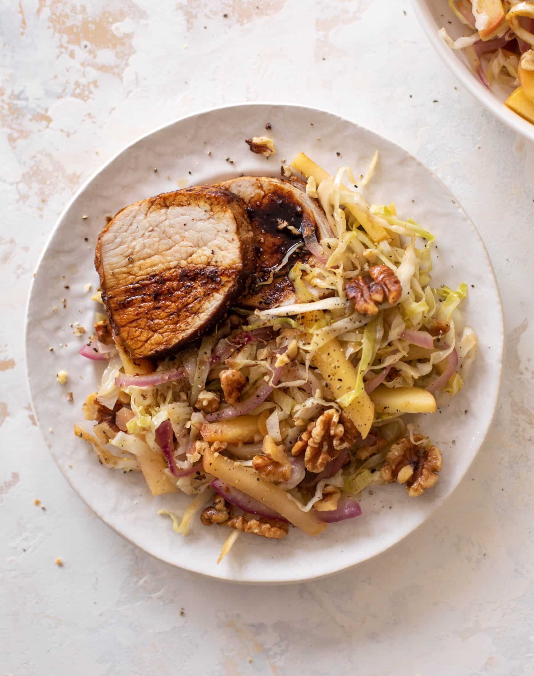 sticky pork tenderloin with warm apple slaw