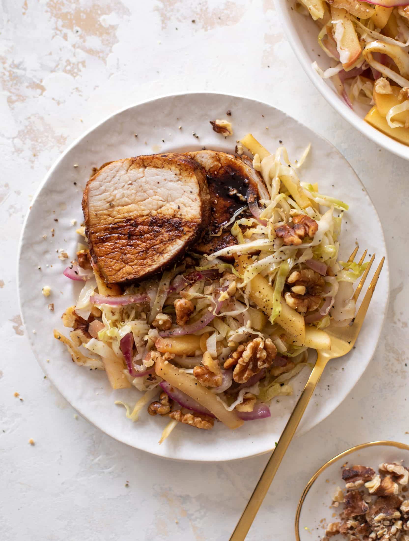 sticky pork tenderloin with warm apple slaw