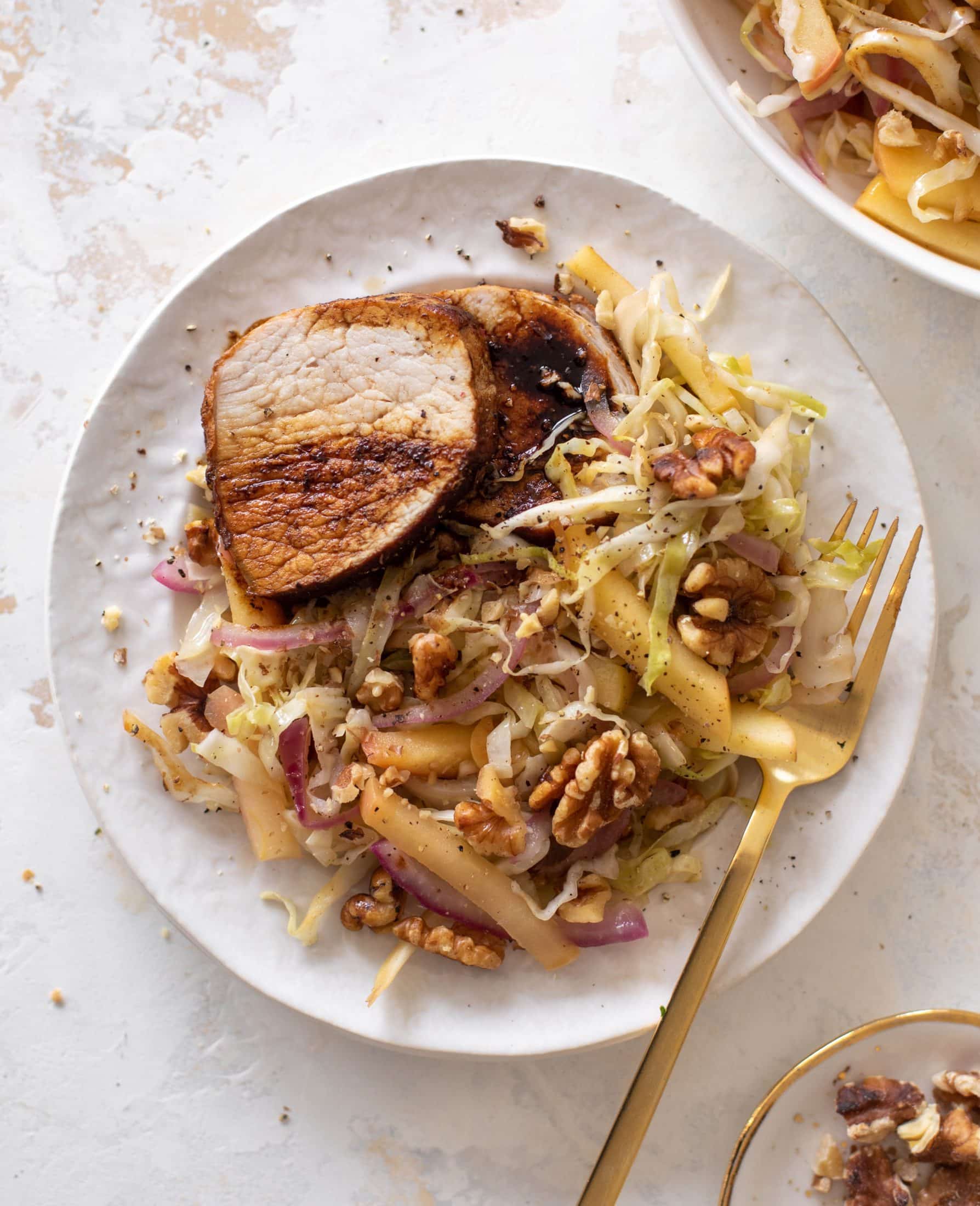 sticky pork tenderloin with warm apple slaw