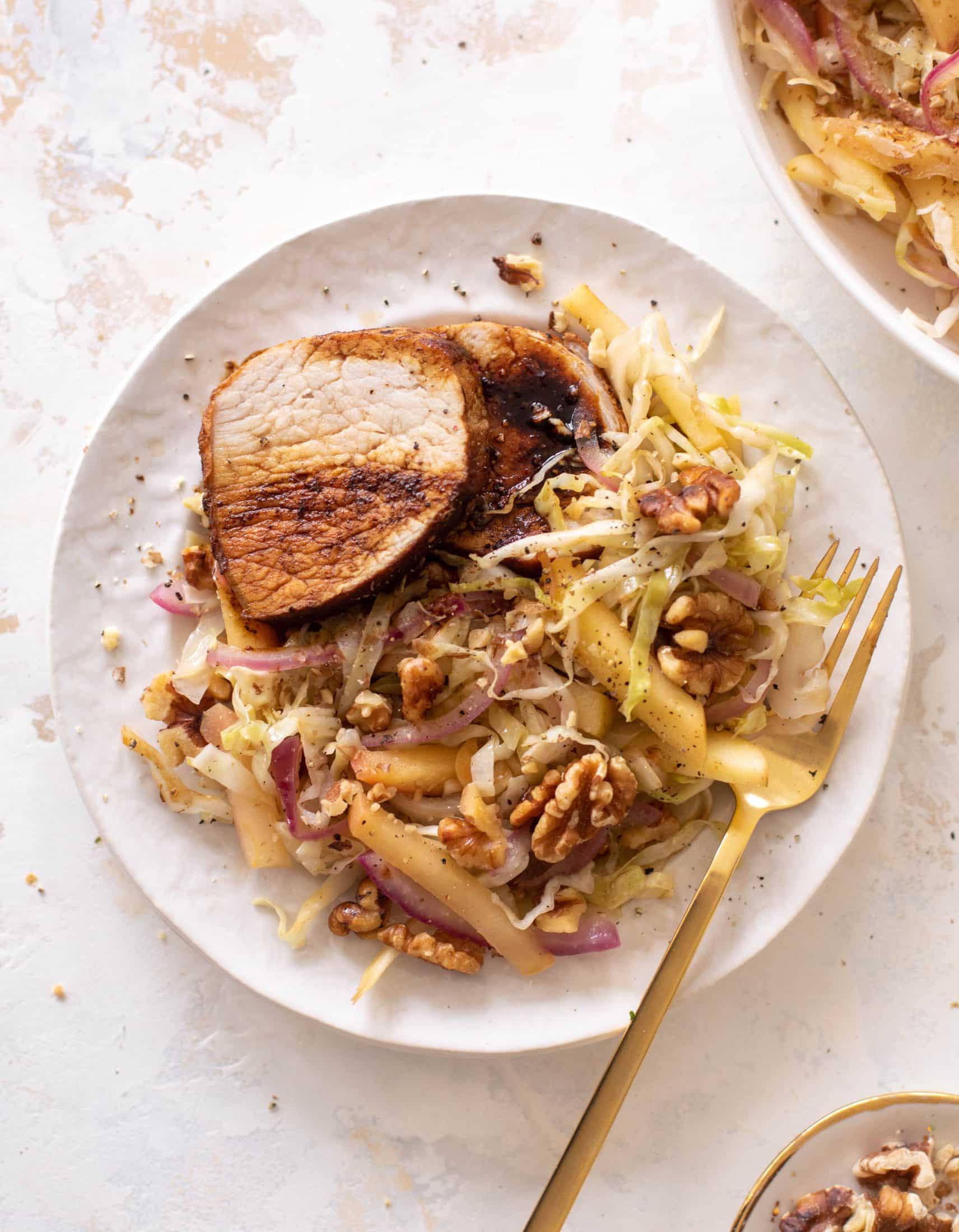 sticky pork tenderloin with warm apple slaw