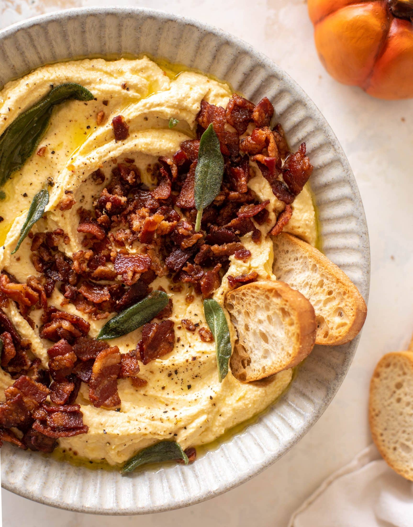 pumpkin whipped feta with candied chipotle bacon